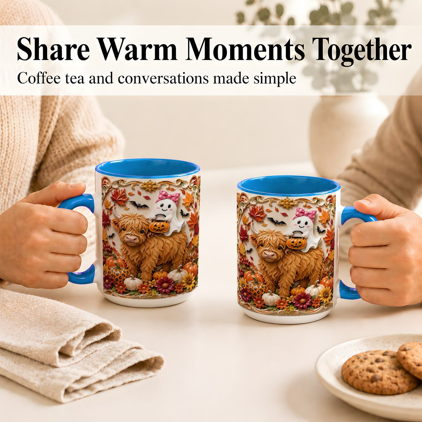 #pl[15oz|Blue] Highland Cow Ghost Coffee Mug, Autumn Pumpkin Mug, Ceramic Cup