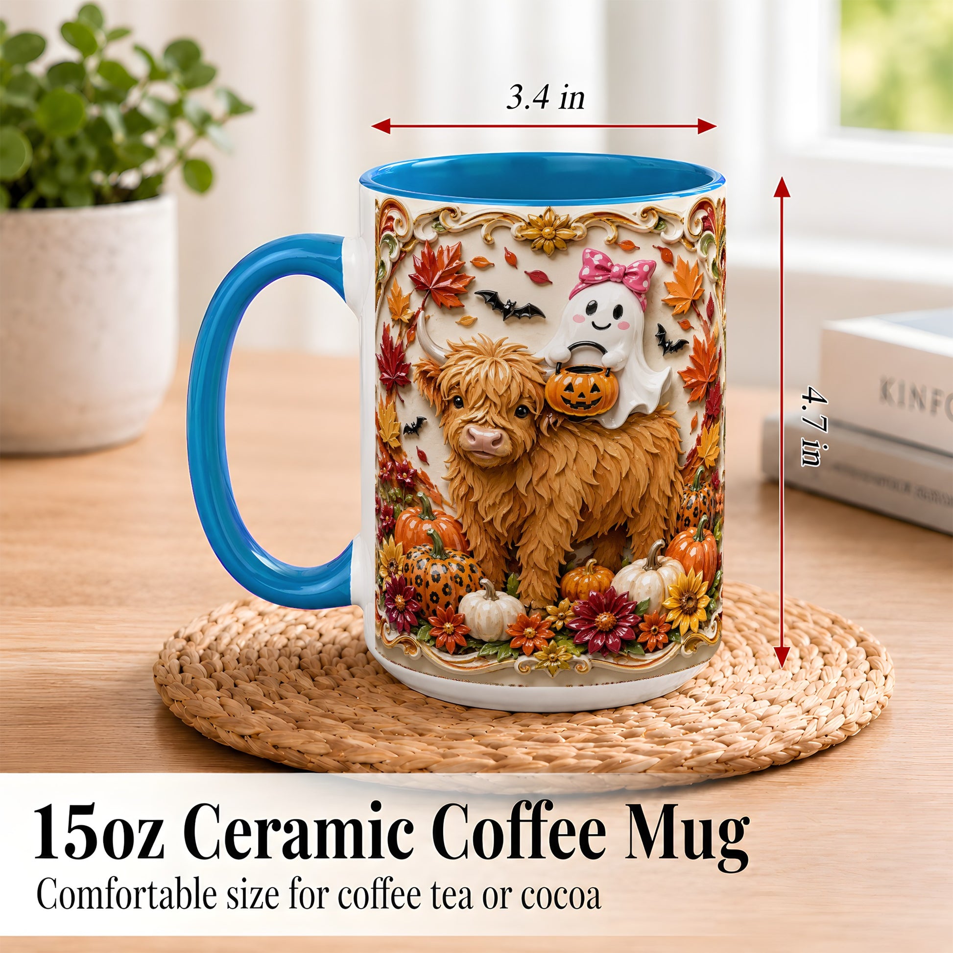 #pl[15oz|Blue] Highland Cow Ghost Coffee Mug, Autumn Pumpkin Mug, Ceramic Cup