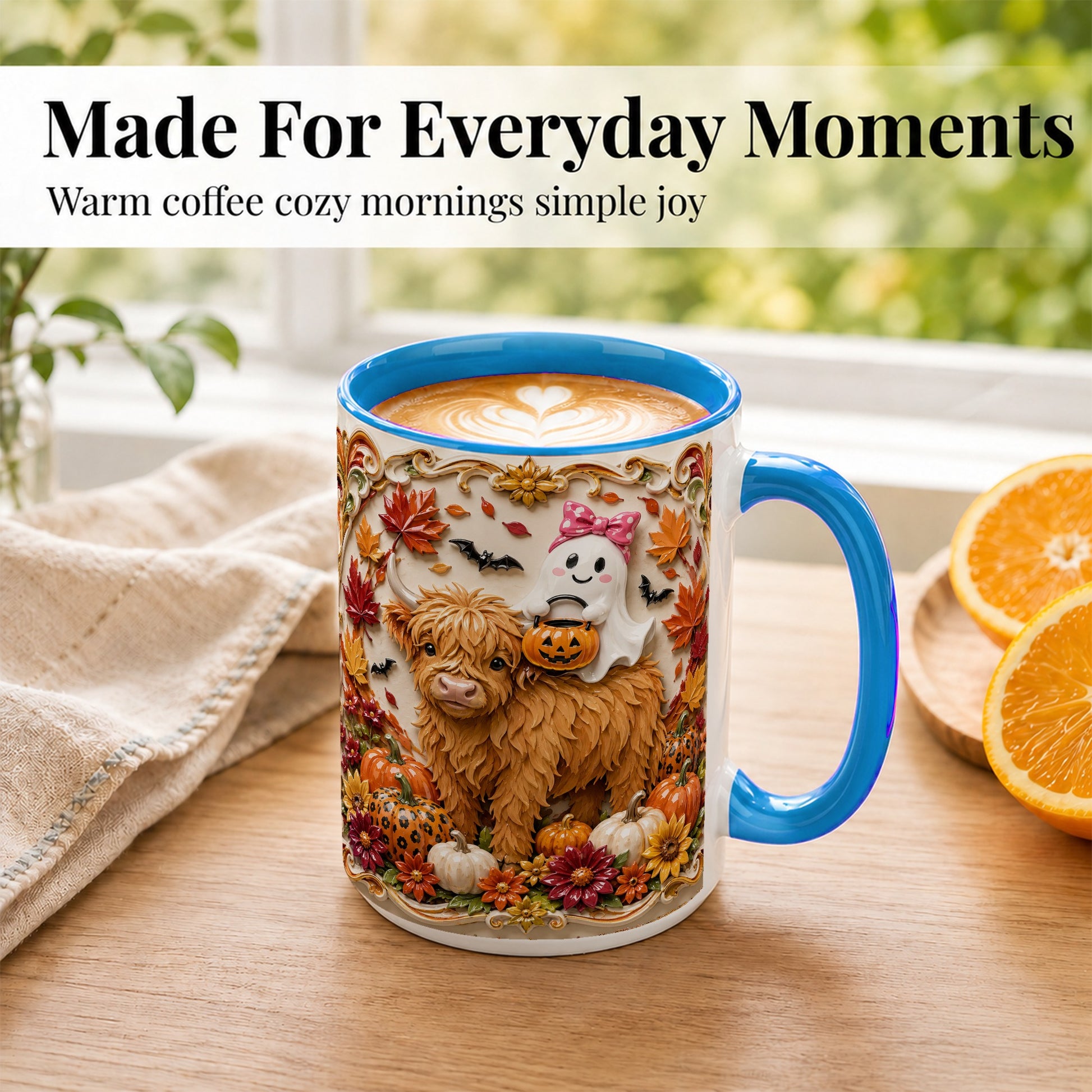 #pl[15oz|Blue] Highland Cow Ghost Coffee Mug, Autumn Pumpkin Mug, Ceramic Cup
