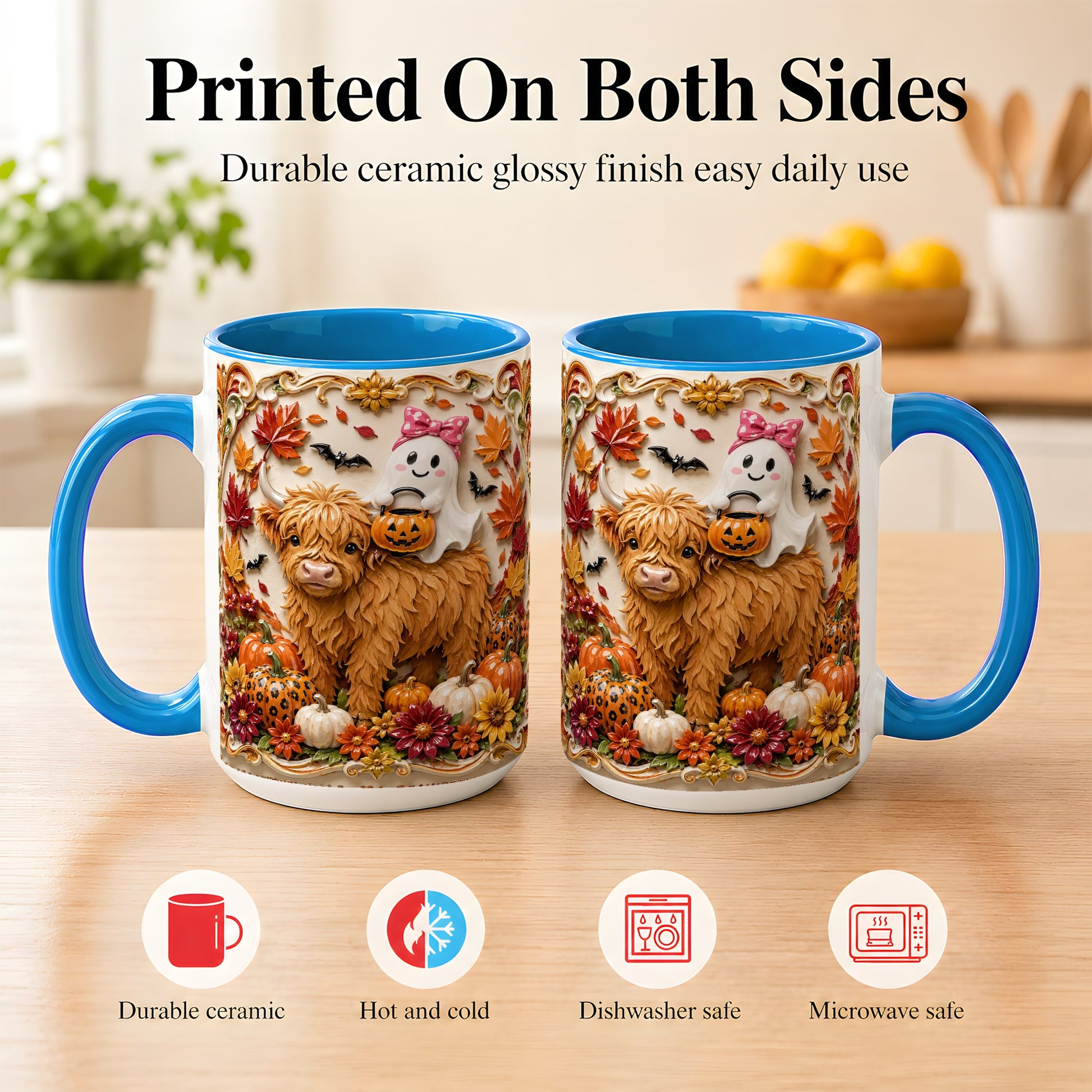 #pl[15oz|Blue] Highland Cow Ghost Coffee Mug, Autumn Pumpkin Mug, Ceramic Cup