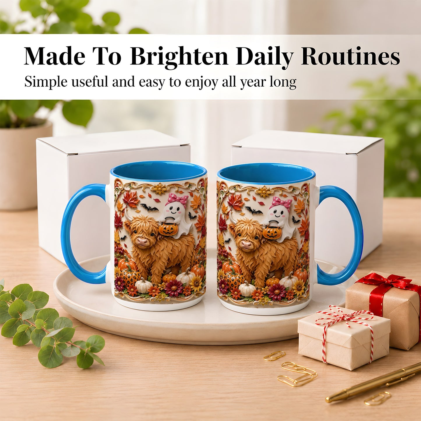 #pl[15oz|Blue] Highland Cow Ghost Coffee Mug, Autumn Pumpkin Mug, Ceramic Cup