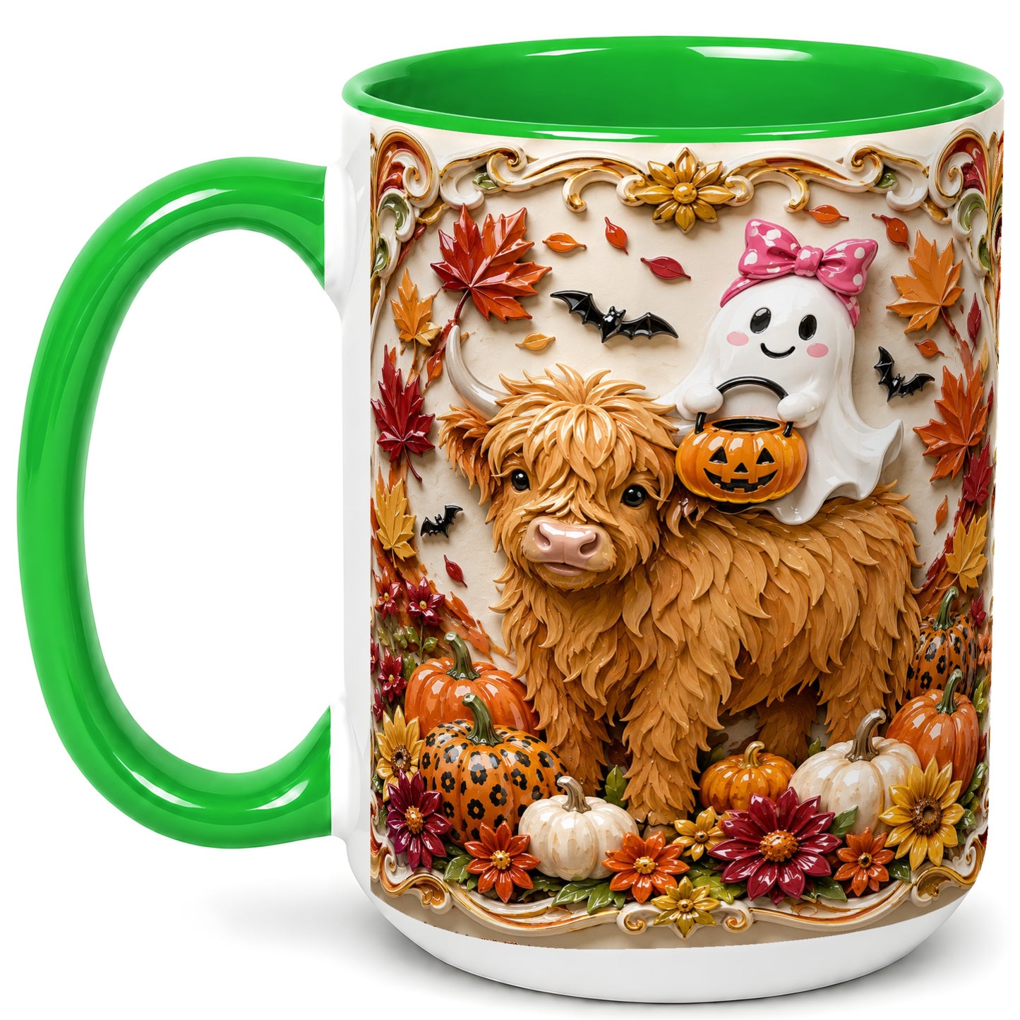 #pl[15oz|Green] Highland Cow Ghost Coffee Mug, Autumn Pumpkin Mug, Ceramic Cup