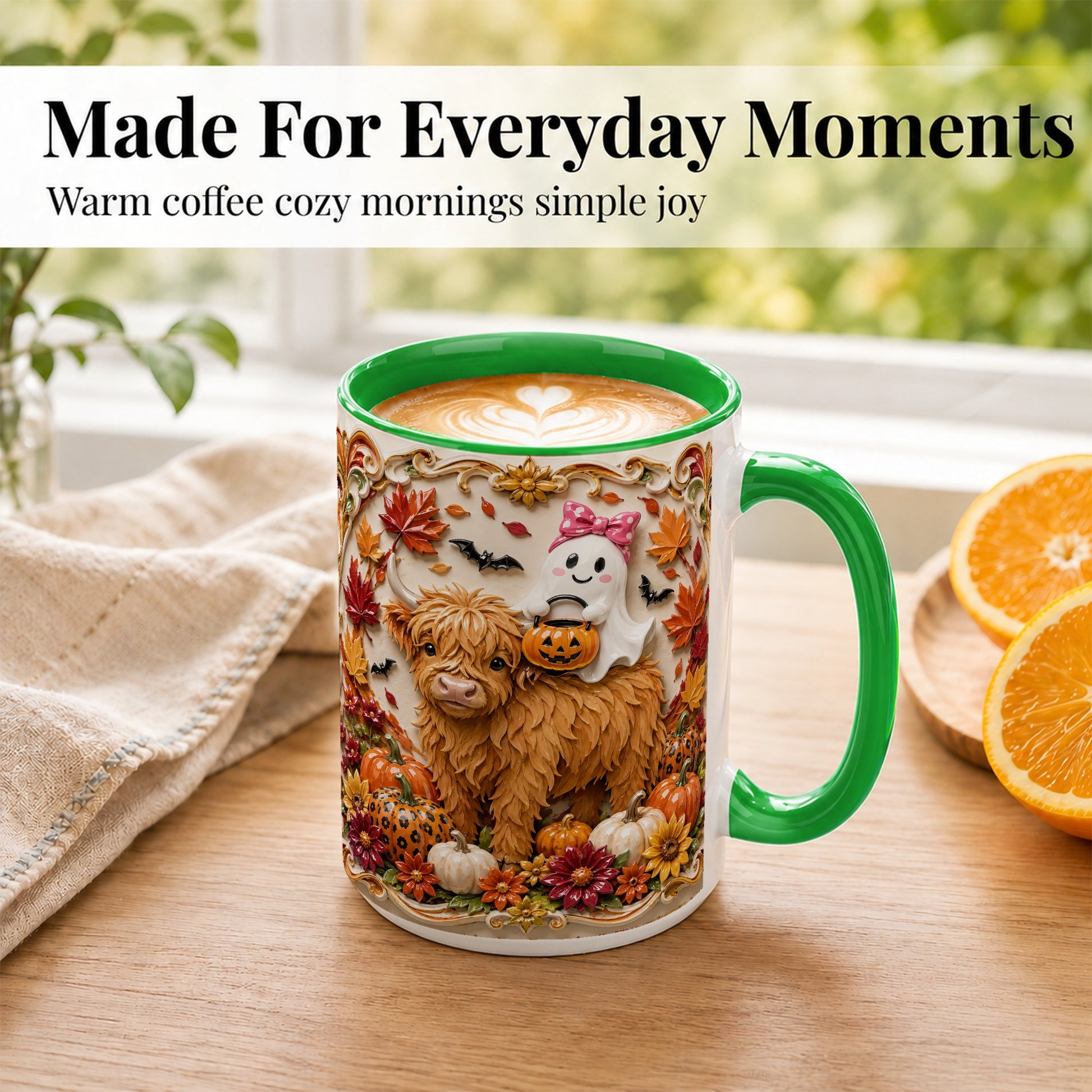 #pl[15oz|Green] Highland Cow Ghost Coffee Mug, Autumn Pumpkin Mug, Ceramic Cup