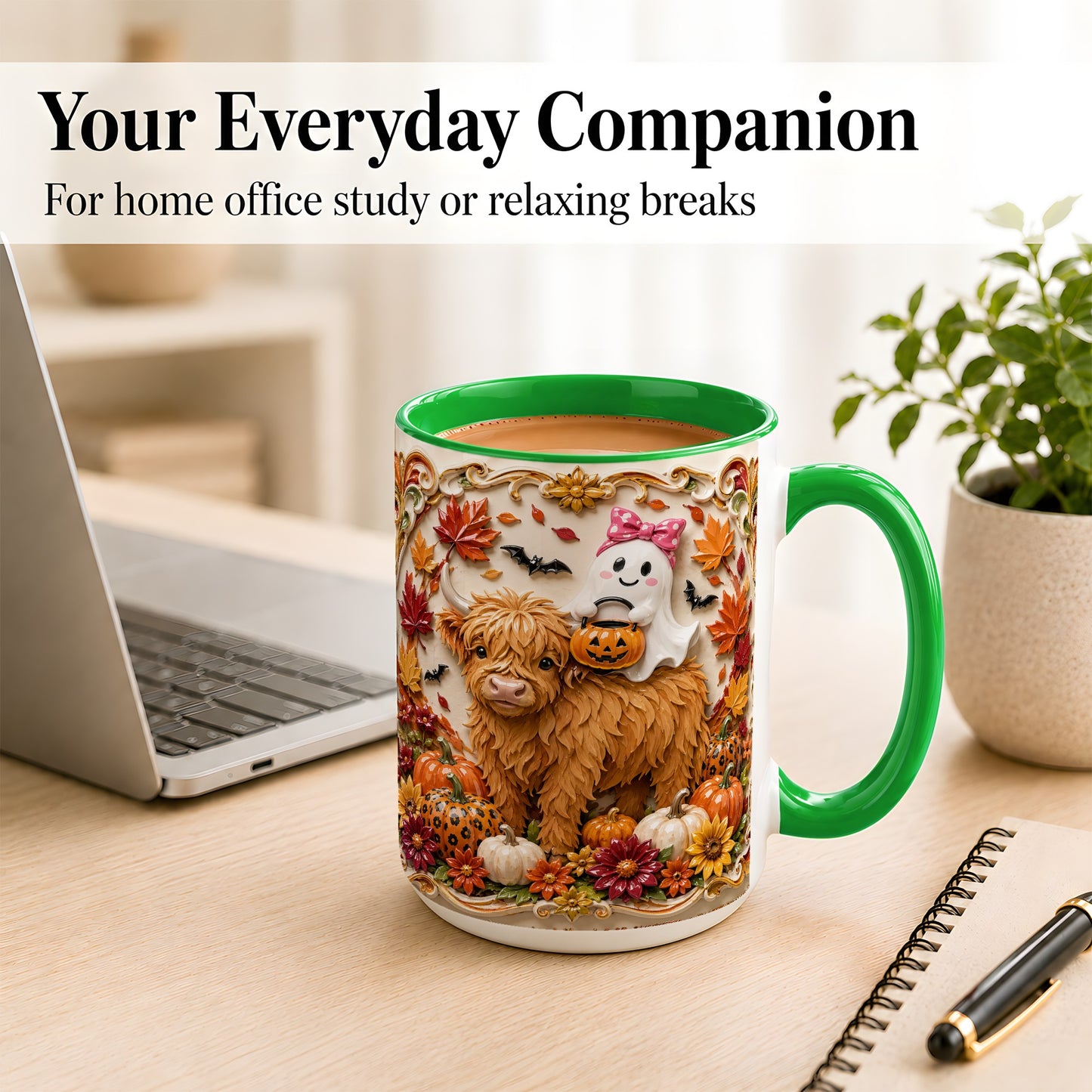 #pl[15oz|Green] Highland Cow Ghost Coffee Mug, Autumn Pumpkin Mug, Ceramic Cup