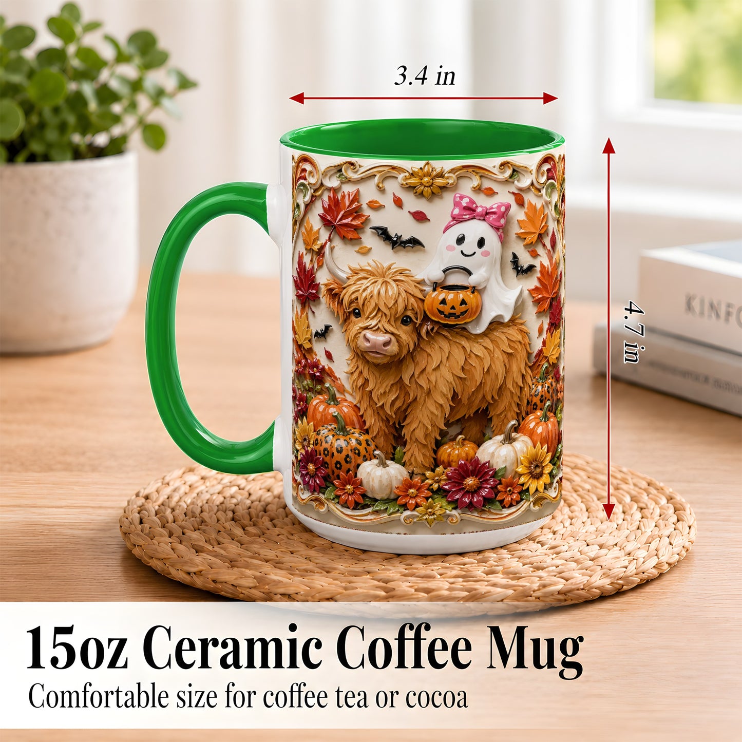 #pl[15oz|Green] Highland Cow Ghost Coffee Mug, Autumn Pumpkin Mug, Ceramic Cup