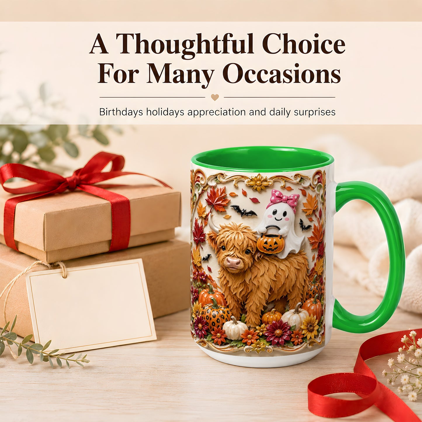 #pl[15oz|Green] Highland Cow Ghost Coffee Mug, Autumn Pumpkin Mug, Ceramic Cup