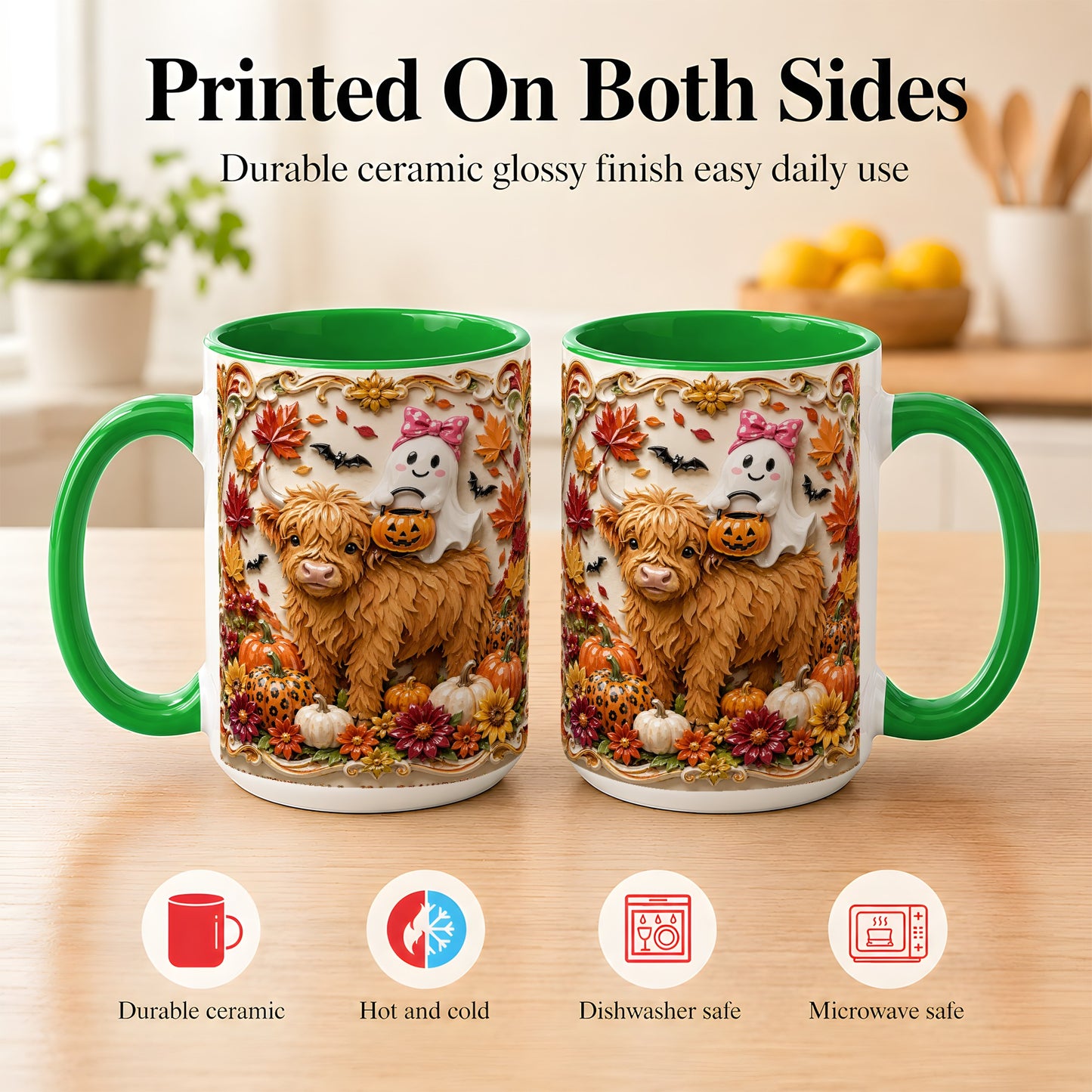 #pl[15oz|Green] Highland Cow Ghost Coffee Mug, Autumn Pumpkin Mug, Ceramic Cup