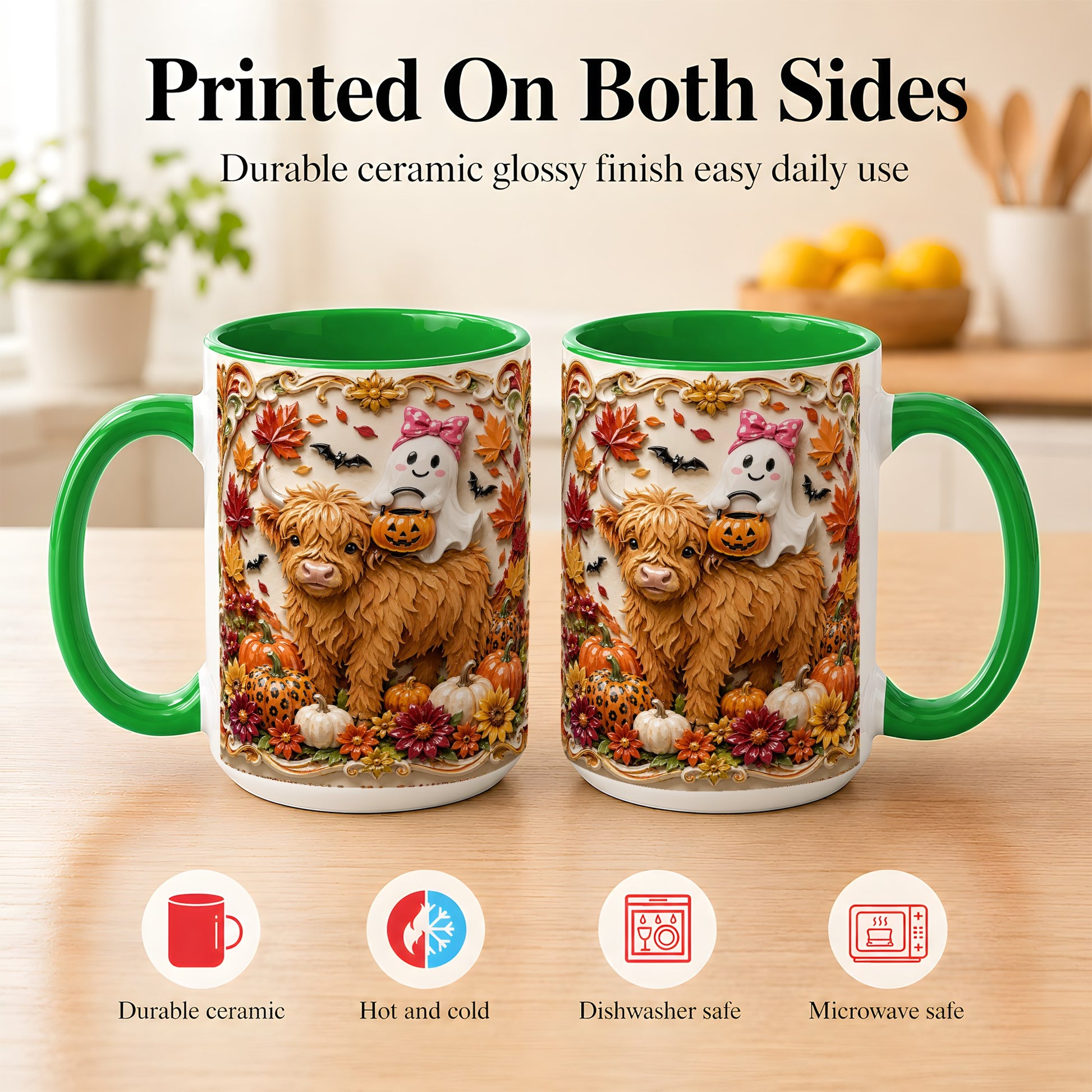 #pl[15oz|Green] Highland Cow Ghost Coffee Mug, Autumn Pumpkin Mug, Ceramic Cup