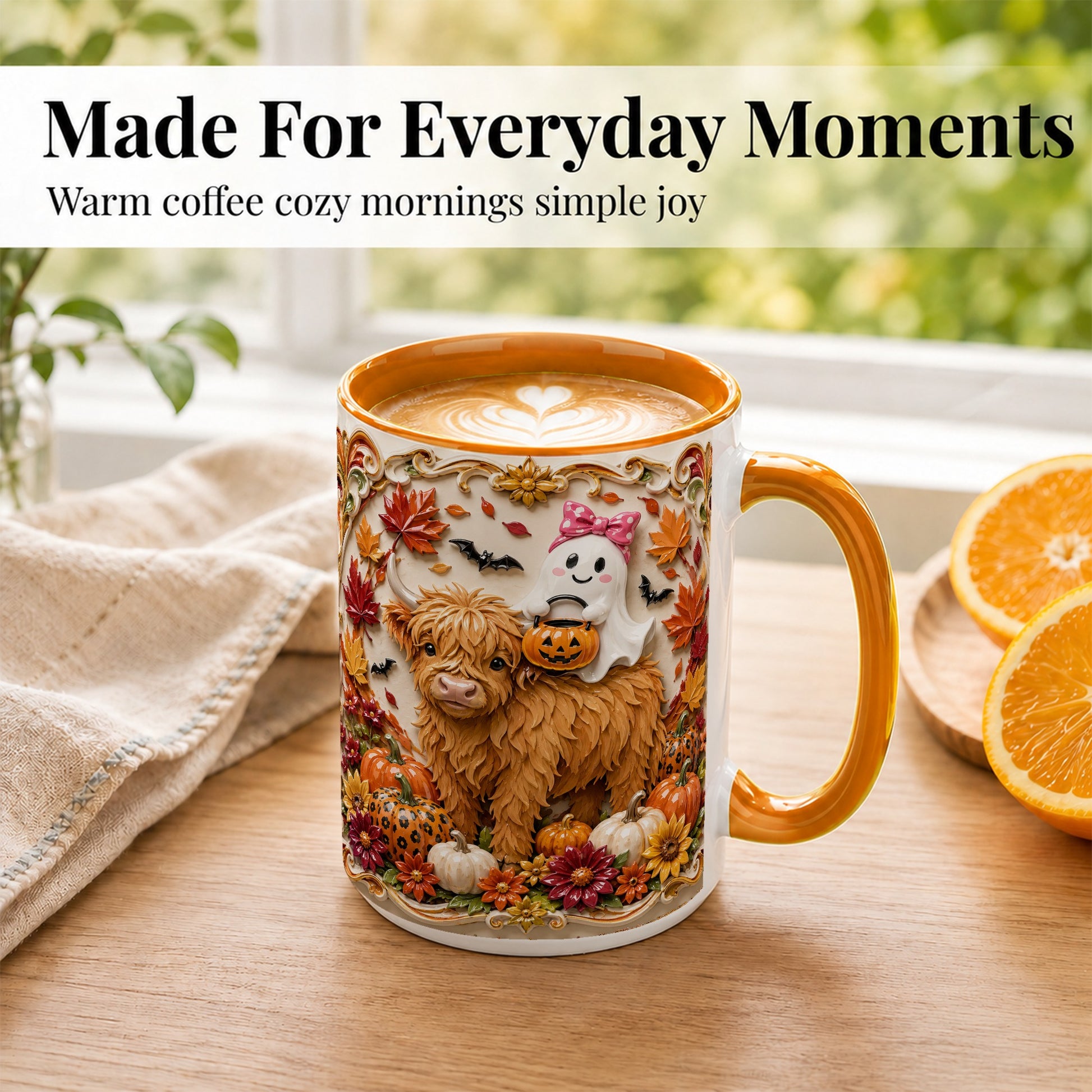 #pl[15oz|Orange] Highland Cow Ghost Coffee Mug, Autumn Pumpkin Mug, Ceramic Cup