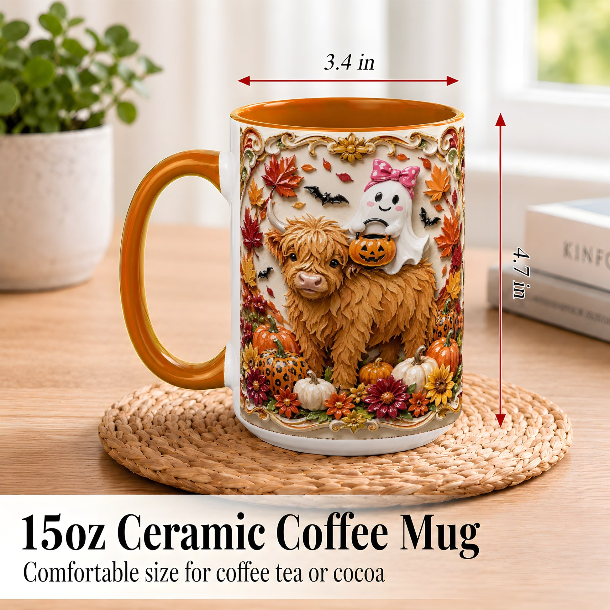 #pl[15oz|Orange] Highland Cow Ghost Coffee Mug, Autumn Pumpkin Mug, Ceramic Cup