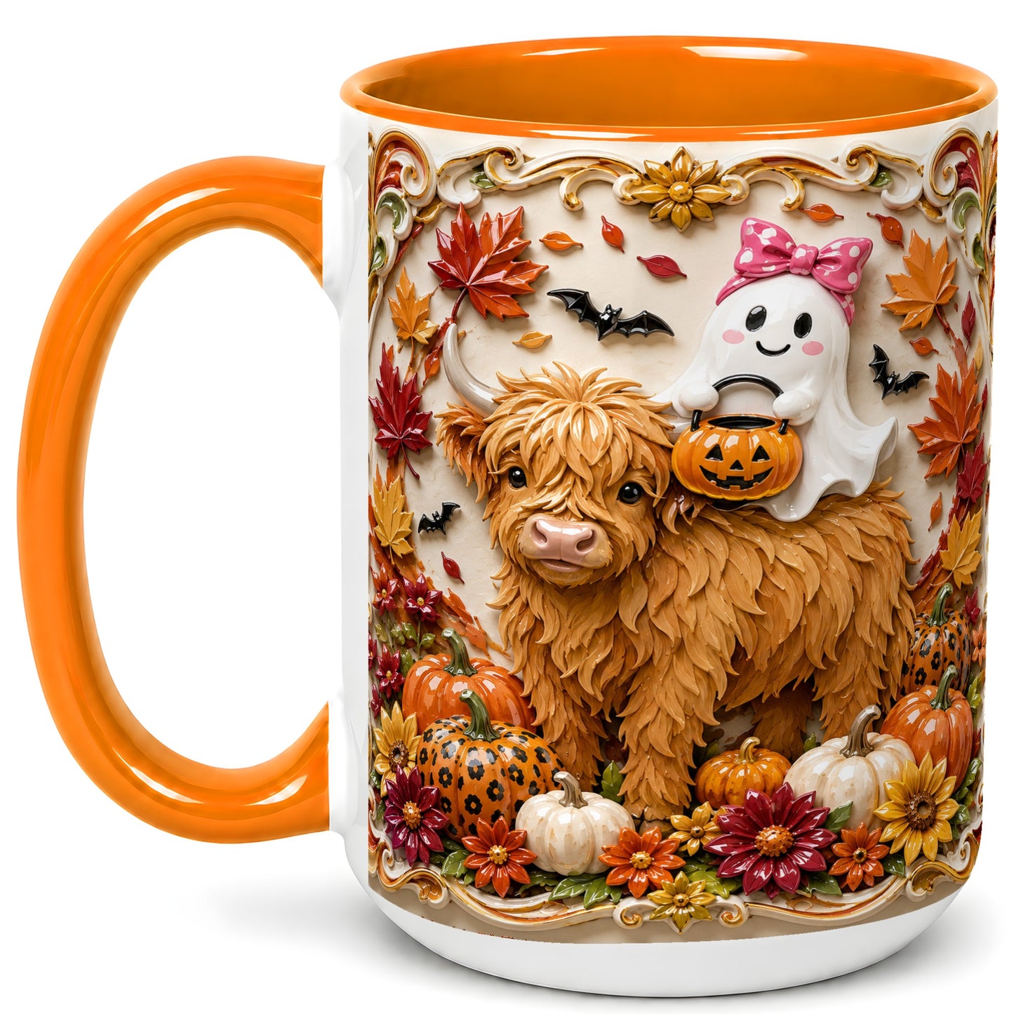 #pl[15oz|Orange] Highland Cow Ghost Coffee Mug, Autumn Pumpkin Mug, Ceramic Cup