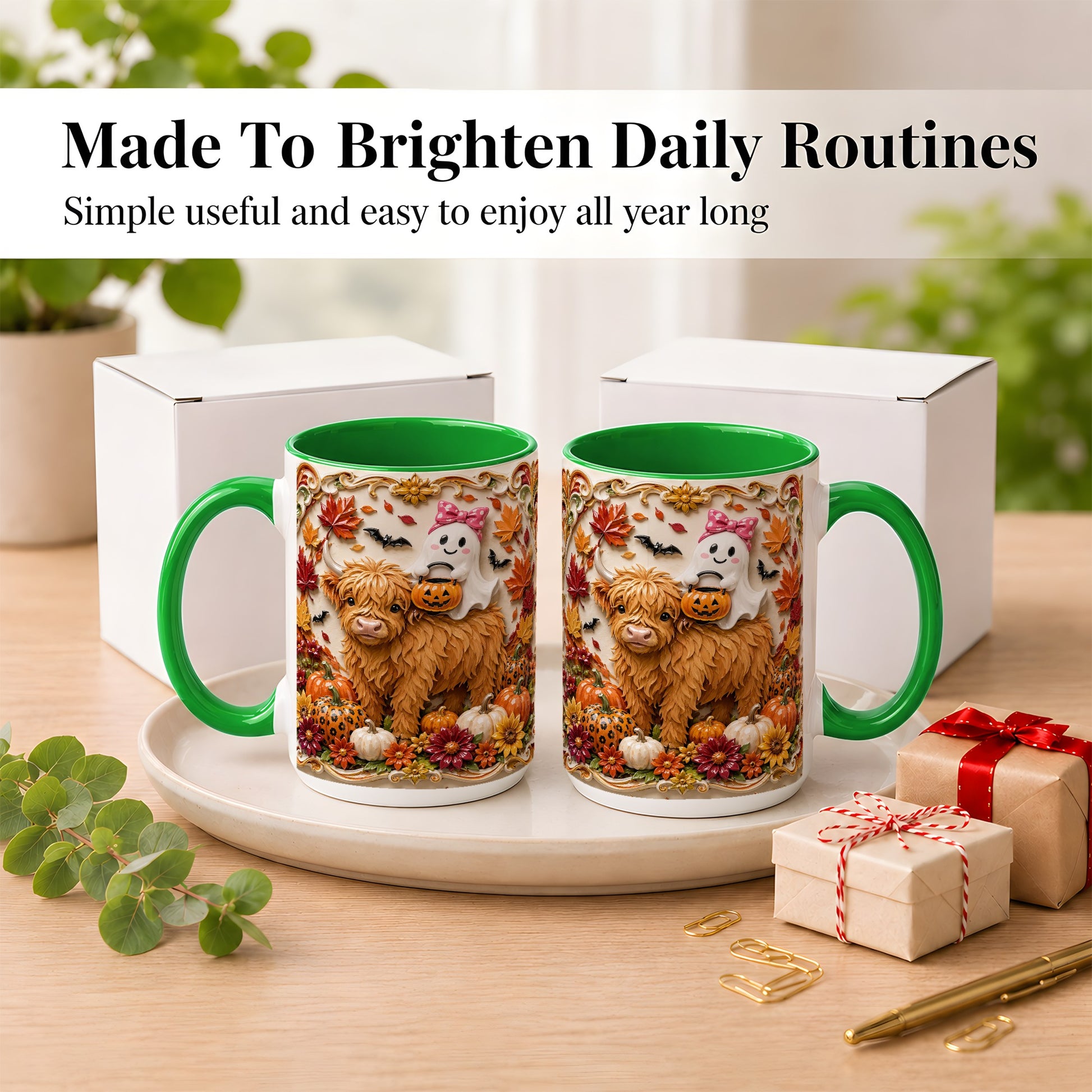 #pl[15oz|Green] Highland Cow Ghost Coffee Mug, Autumn Pumpkin Mug, Ceramic Cup