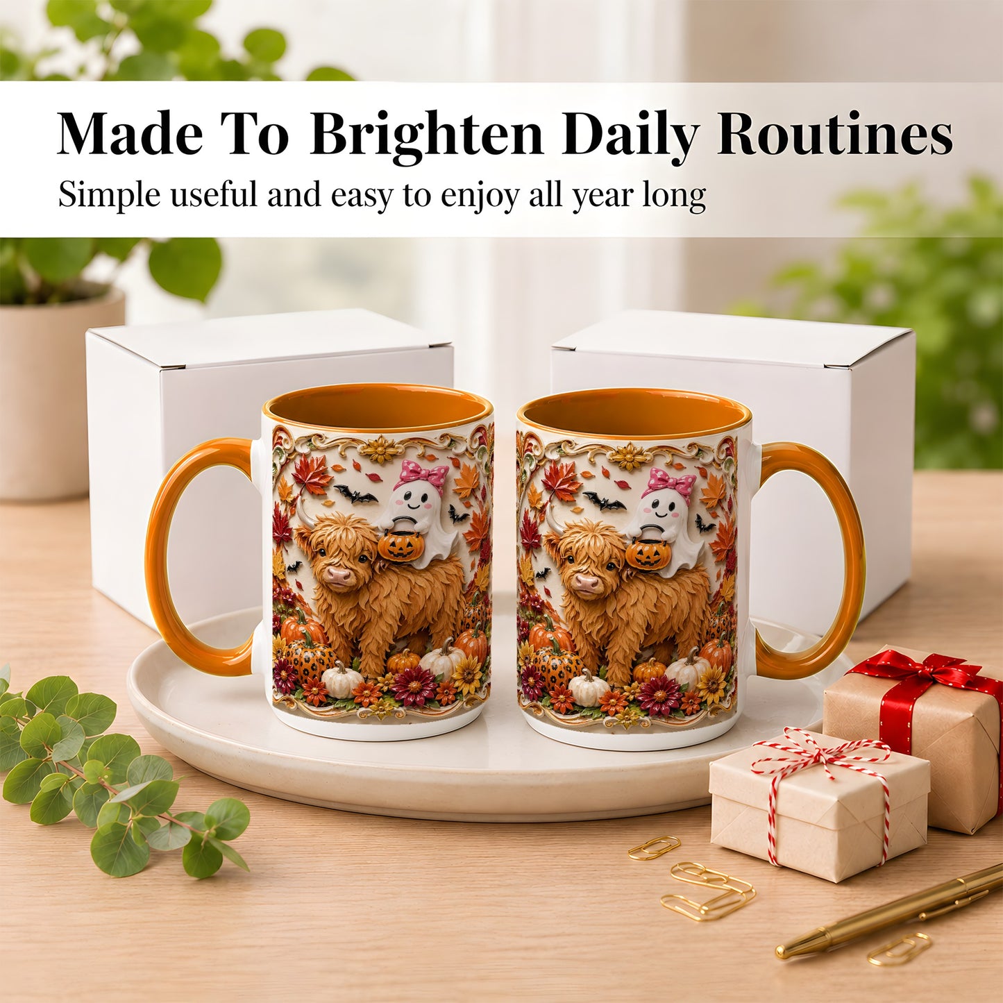 #pl[15oz|Orange] Highland Cow Ghost Coffee Mug, Autumn Pumpkin Mug, Ceramic Cup