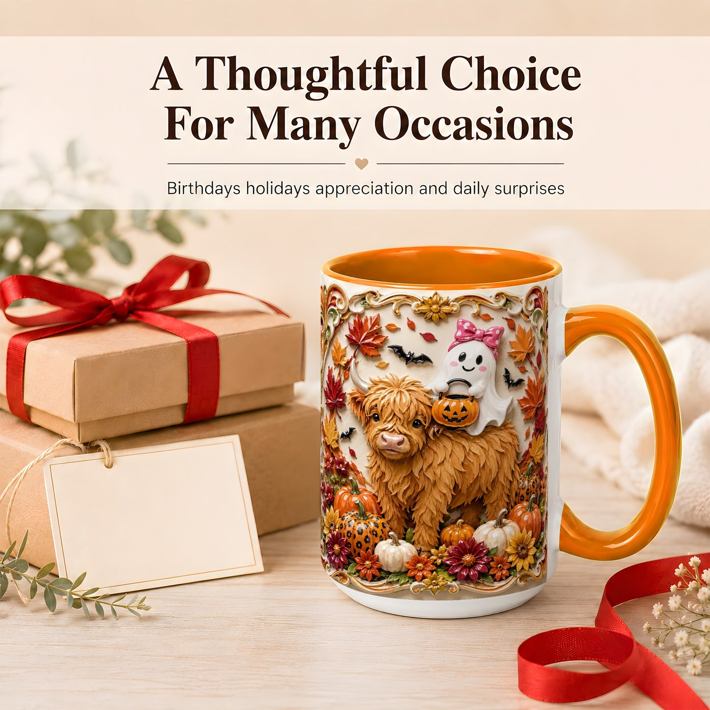 #pl[15oz|Orange] Highland Cow Ghost Coffee Mug, Autumn Pumpkin Mug, Ceramic Cup
