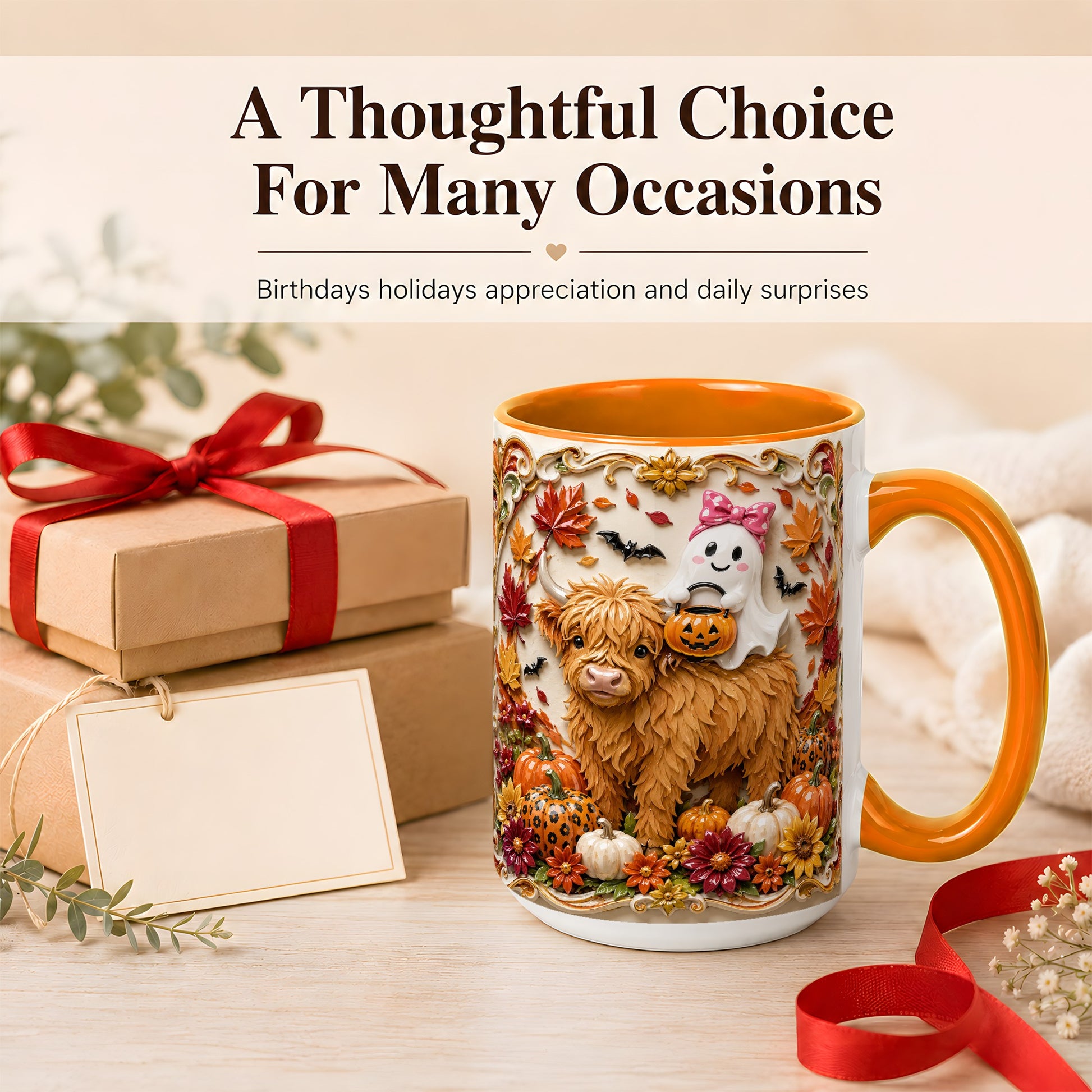 #pl[15oz|Orange] Highland Cow Ghost Coffee Mug, Autumn Pumpkin Mug, Ceramic Cup