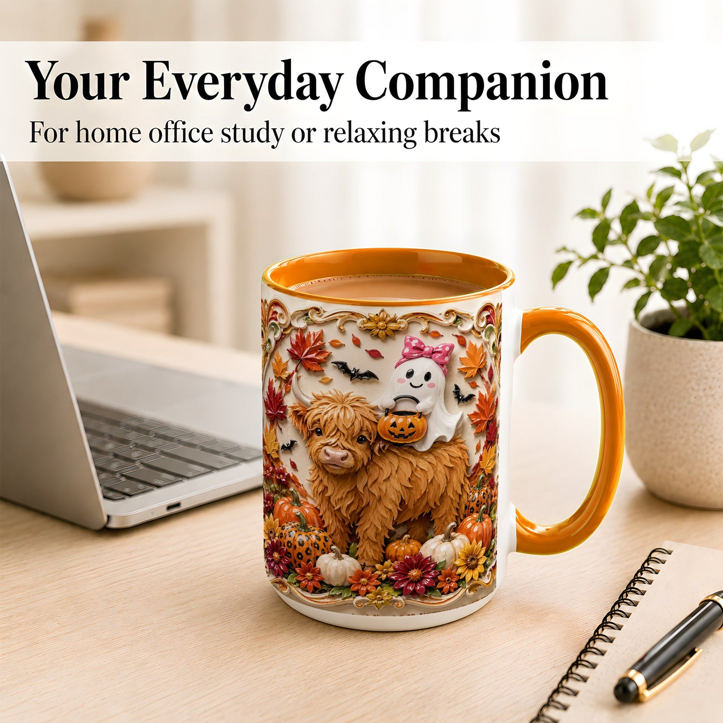 #pl[15oz|Orange] Highland Cow Ghost Coffee Mug, Autumn Pumpkin Mug, Ceramic Cup