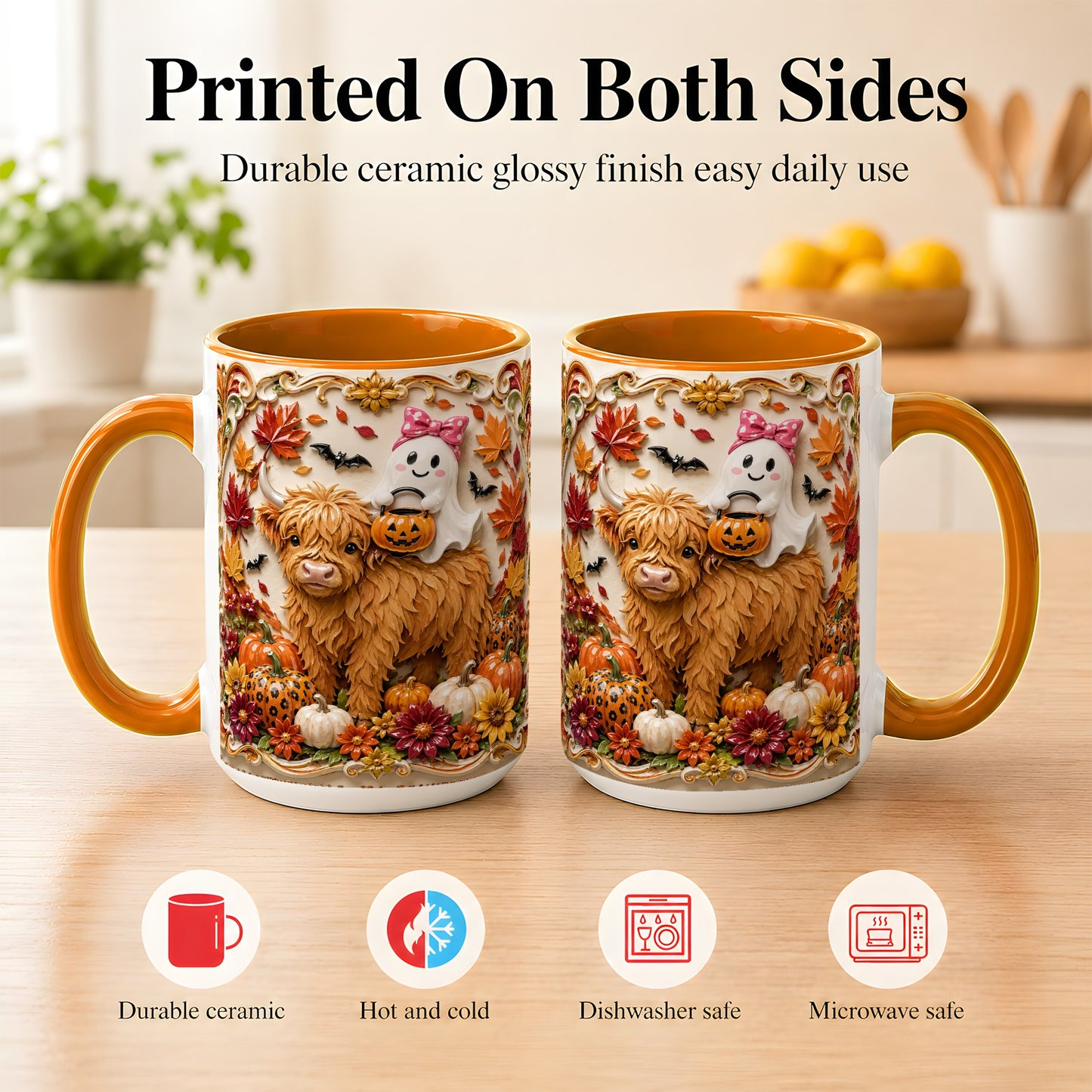 #pl[15oz|Orange] Highland Cow Ghost Coffee Mug, Autumn Pumpkin Mug, Ceramic Cup