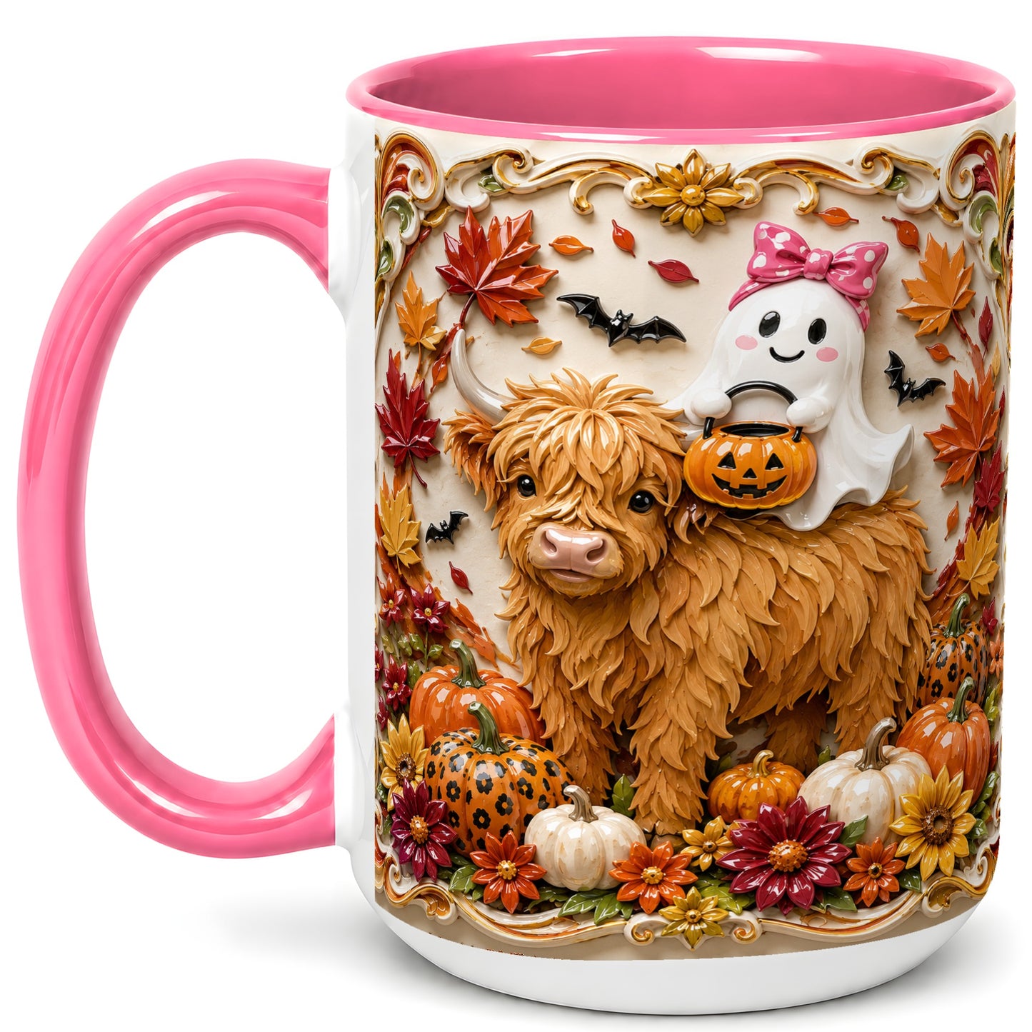 #pl[15oz|Pink] Highland Cow Ghost Coffee Mug, Autumn Pumpkin Mug, Ceramic Cup