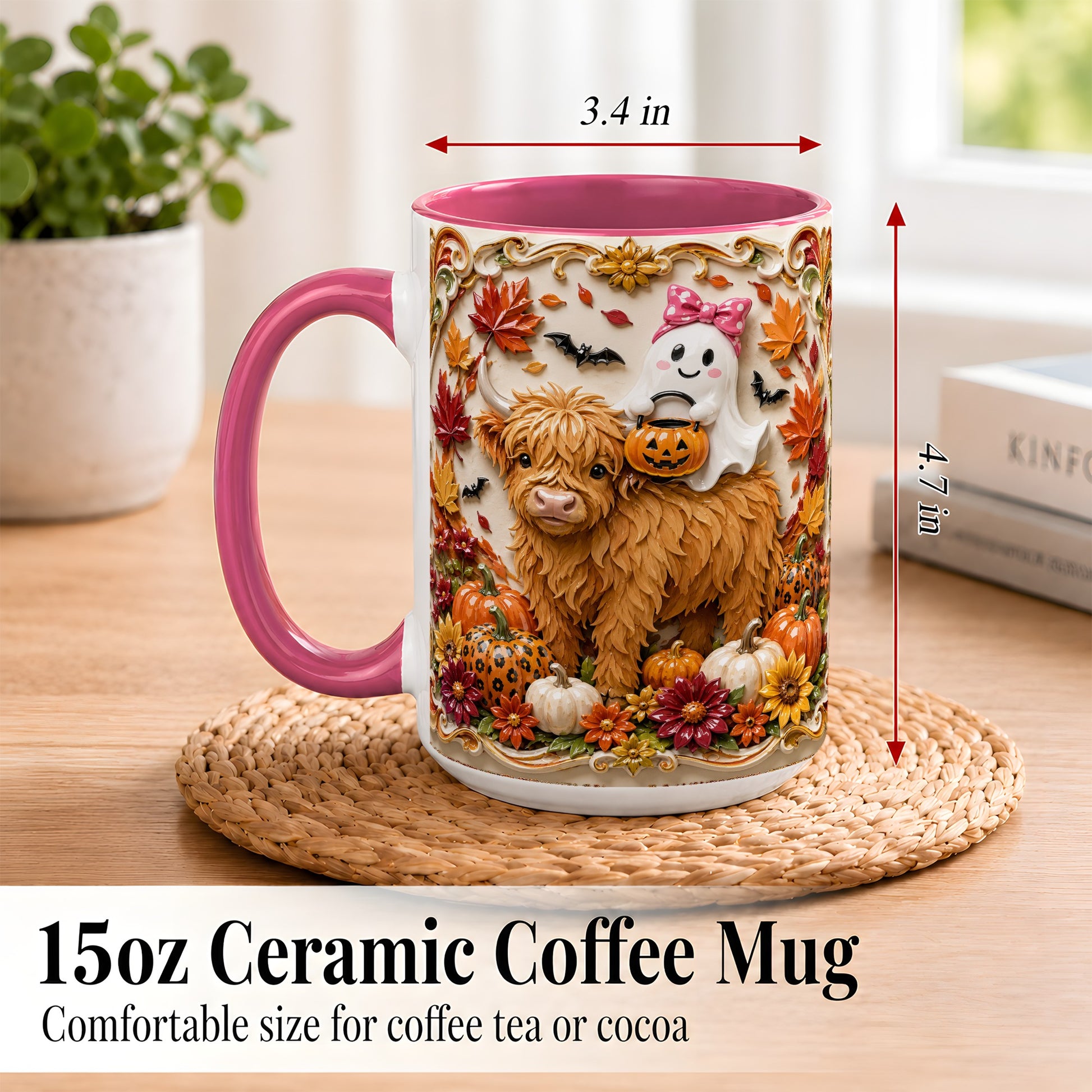 #pl[15oz|Pink] Highland Cow Ghost Coffee Mug, Autumn Pumpkin Mug, Ceramic Cup