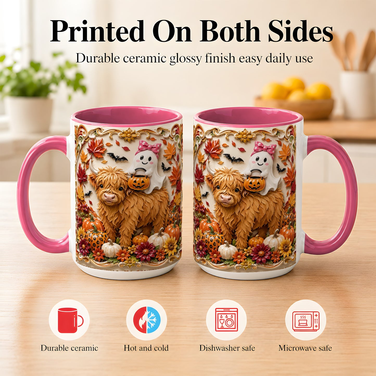 #pl[15oz|Pink] Highland Cow Ghost Coffee Mug, Autumn Pumpkin Mug, Ceramic Cup