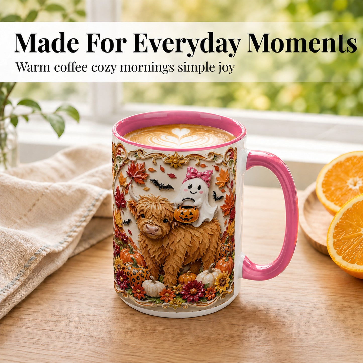 #pl[15oz|Pink] Highland Cow Ghost Coffee Mug, Autumn Pumpkin Mug, Ceramic Cup