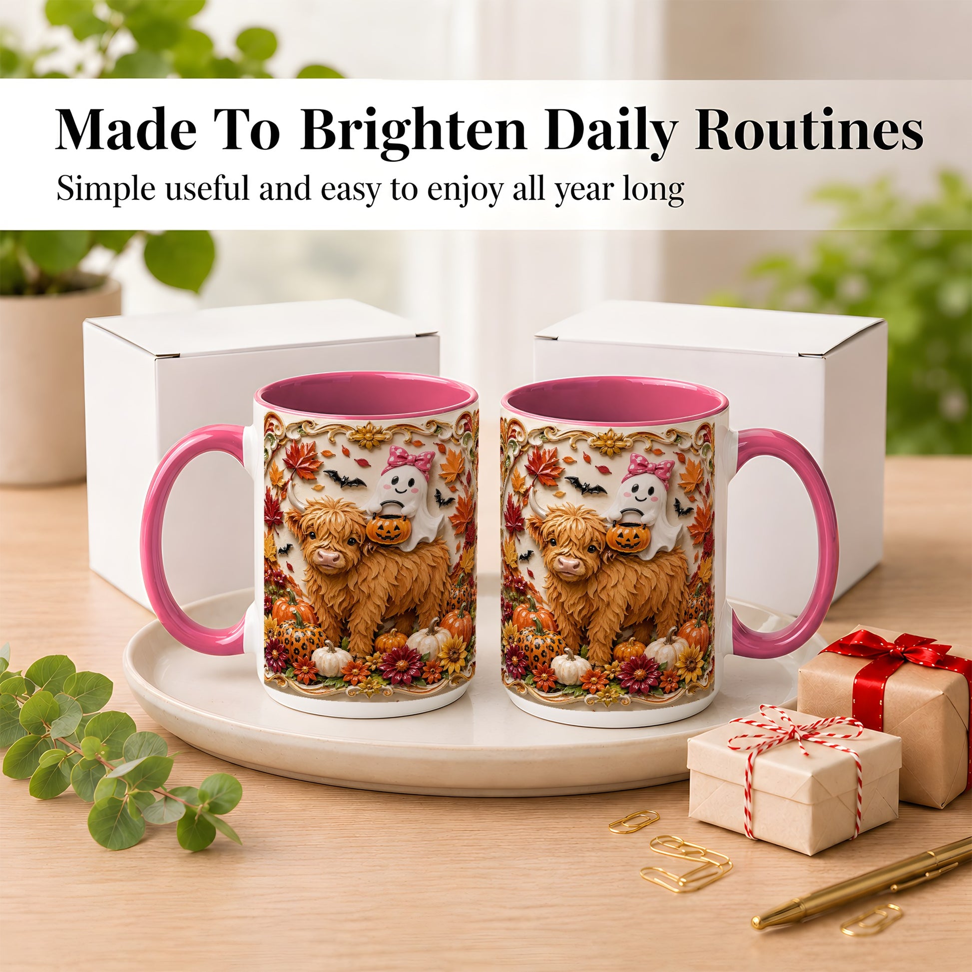 #pl[15oz|Pink] Highland Cow Ghost Coffee Mug, Autumn Pumpkin Mug, Ceramic Cup