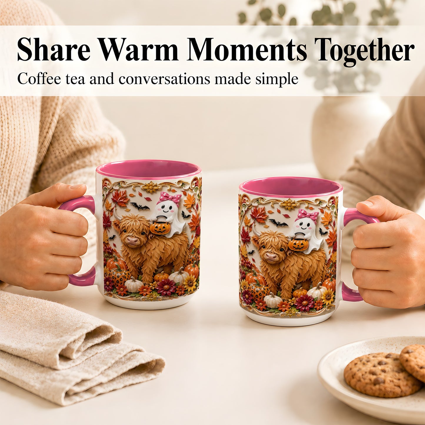 #pl[15oz|Pink] Highland Cow Ghost Coffee Mug, Autumn Pumpkin Mug, Ceramic Cup