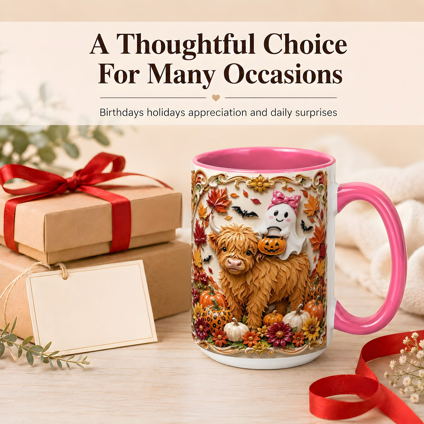 #pl[15oz|Pink] Highland Cow Ghost Coffee Mug, Autumn Pumpkin Mug, Ceramic Cup