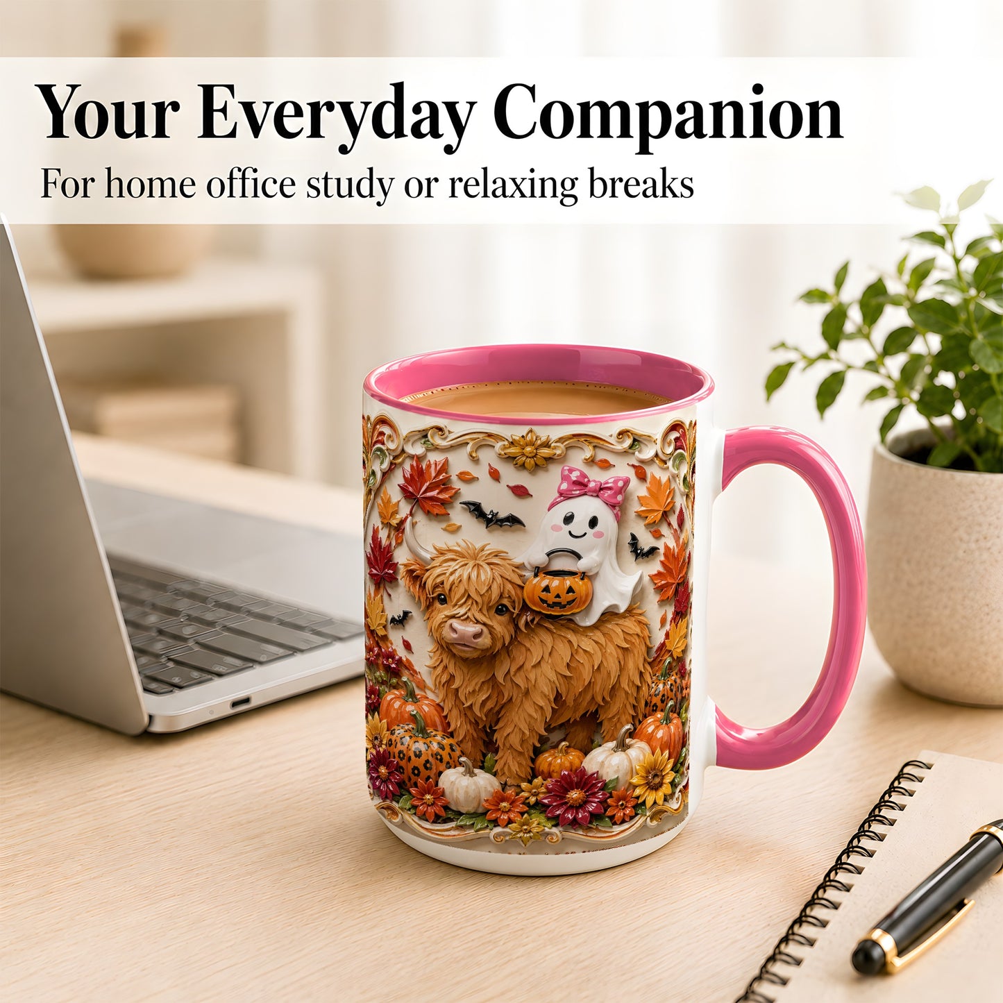 #pl[15oz|Pink] Highland Cow Ghost Coffee Mug, Autumn Pumpkin Mug, Ceramic Cup