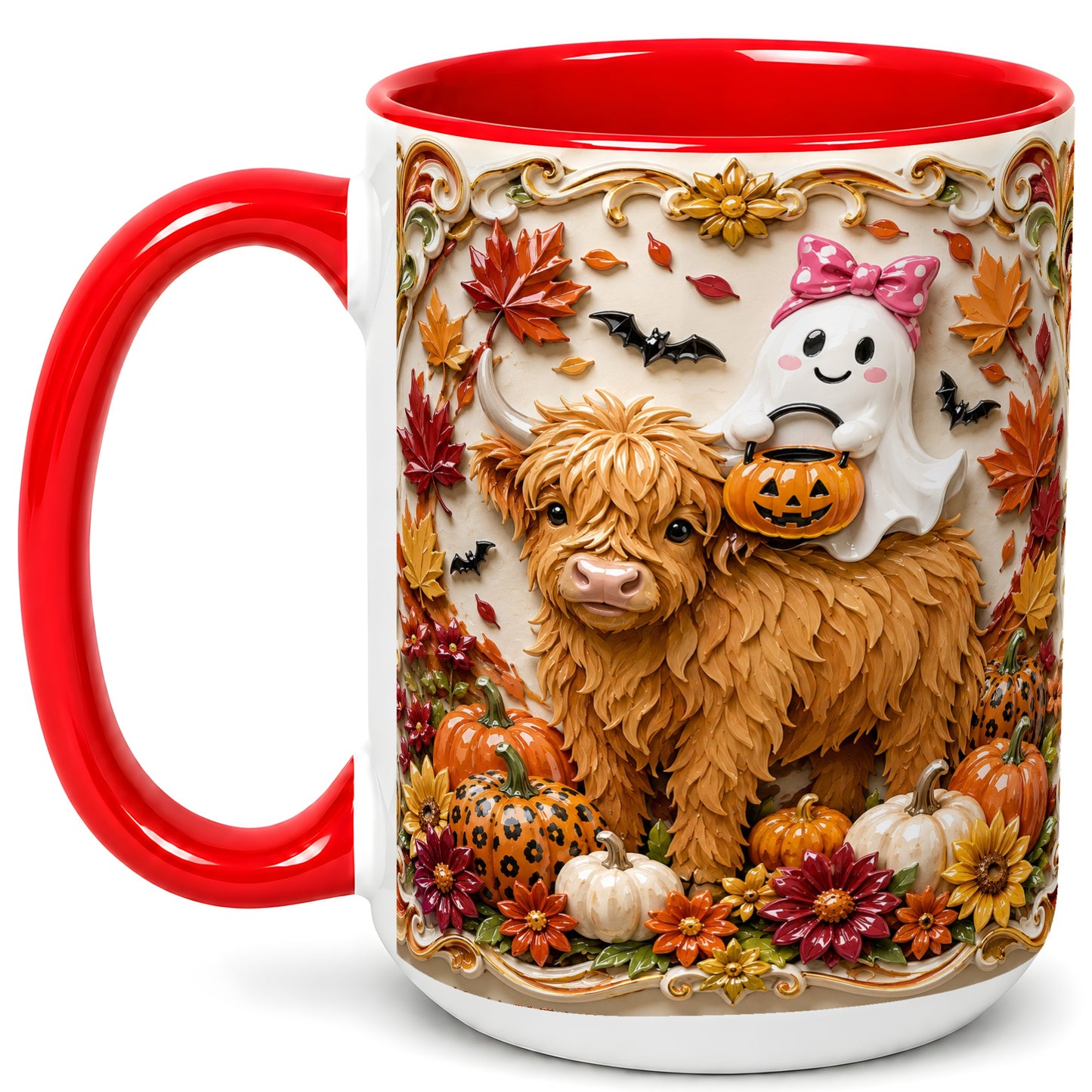 #pl[15oz|Red] Highland Cow Ghost Coffee Mug, Autumn Pumpkin Mug, Ceramic Cup