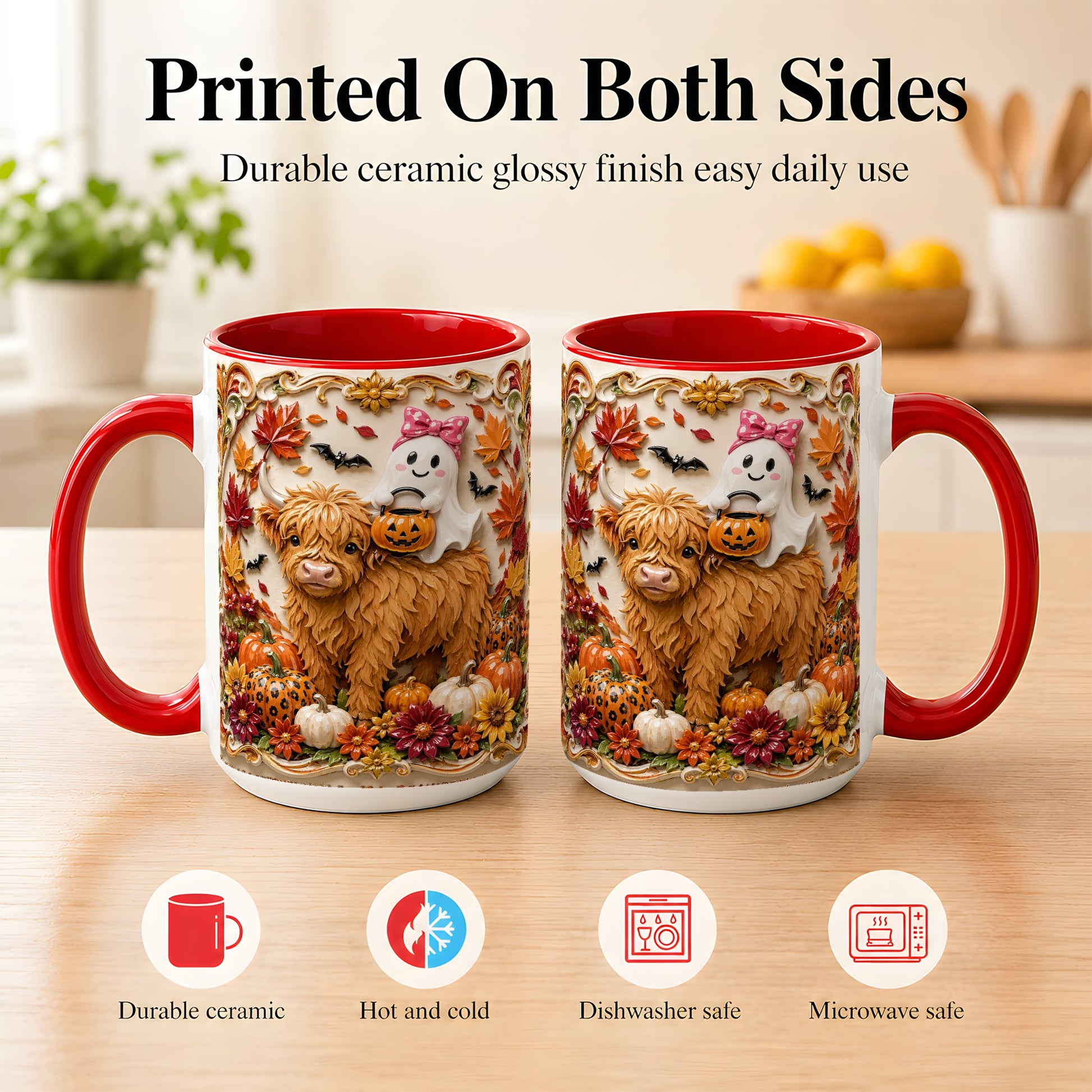 #pl[15oz|Red] Highland Cow Ghost Coffee Mug, Autumn Pumpkin Mug, Ceramic Cup