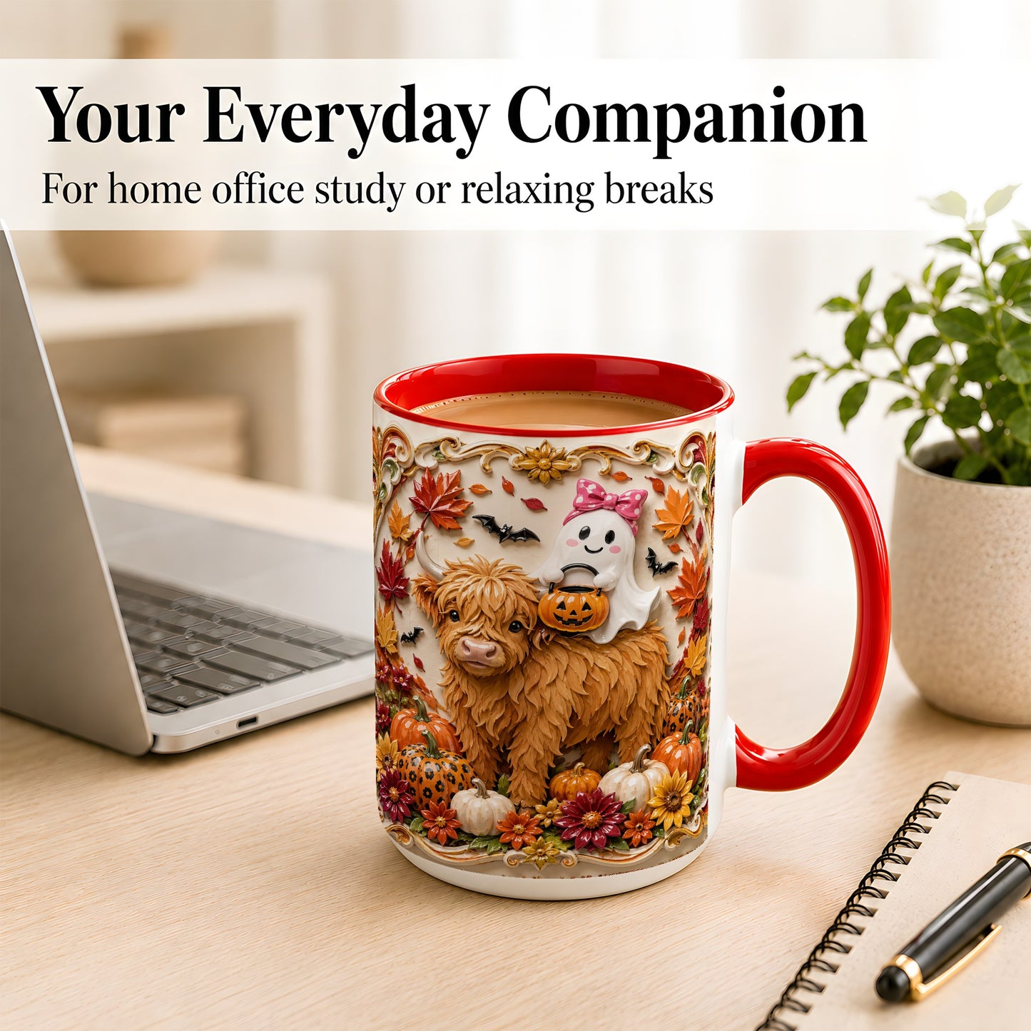 #pl[15oz|Red] Highland Cow Ghost Coffee Mug, Autumn Pumpkin Mug, Ceramic Cup