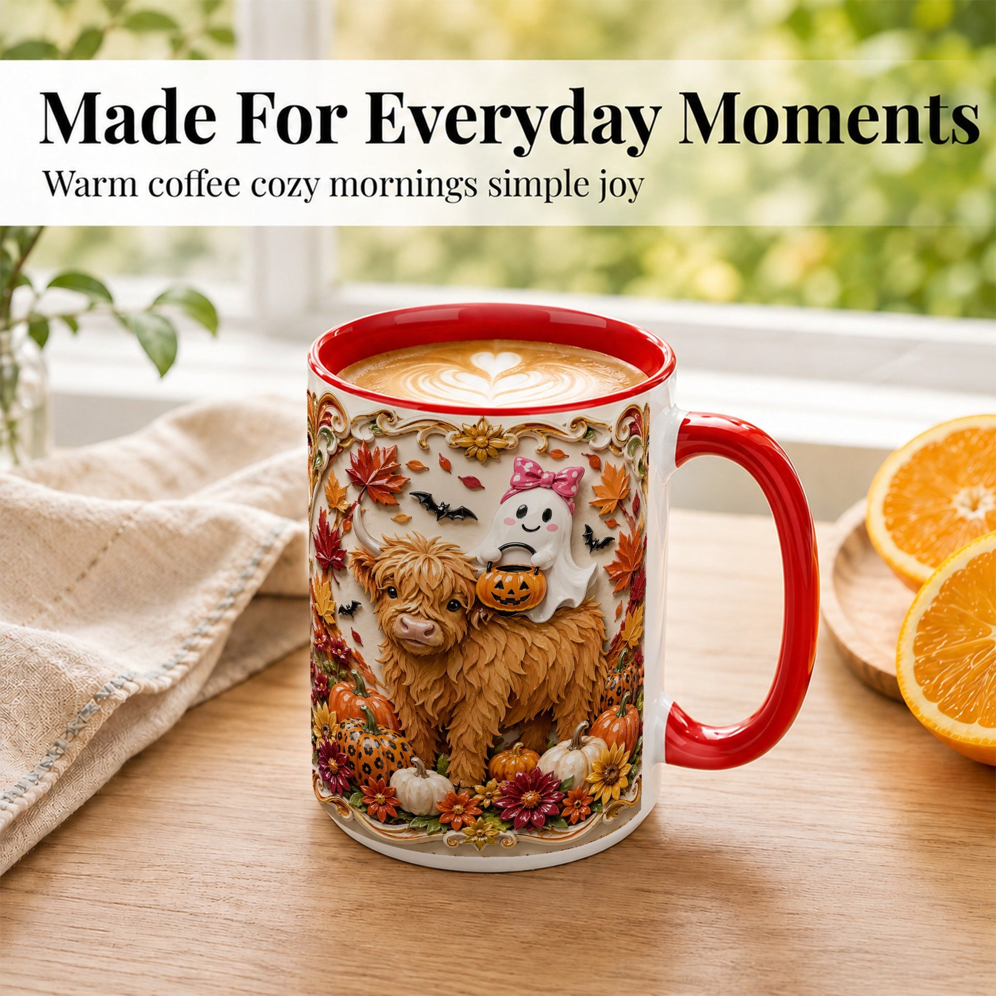 #pl[15oz|Red] Highland Cow Ghost Coffee Mug, Autumn Pumpkin Mug, Ceramic Cup