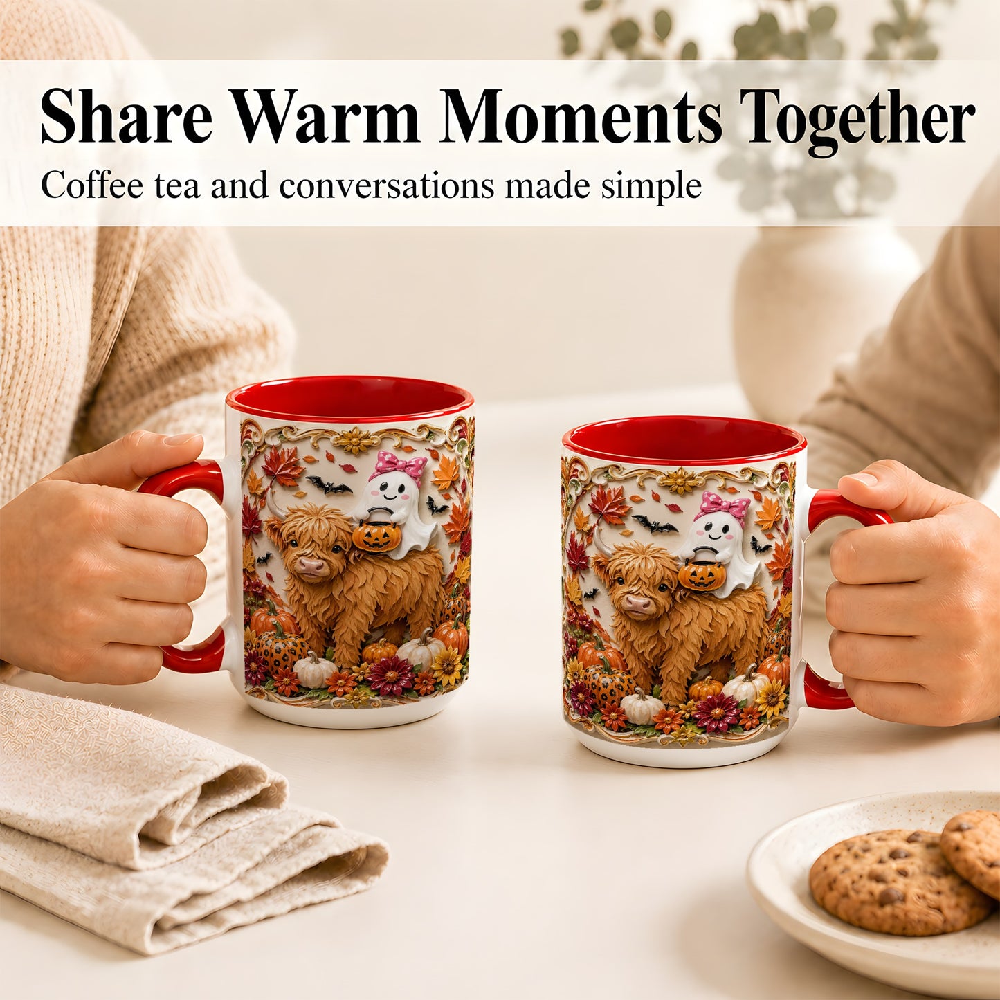#pl[15oz|Red] Highland Cow Ghost Coffee Mug, Autumn Pumpkin Mug, Ceramic Cup