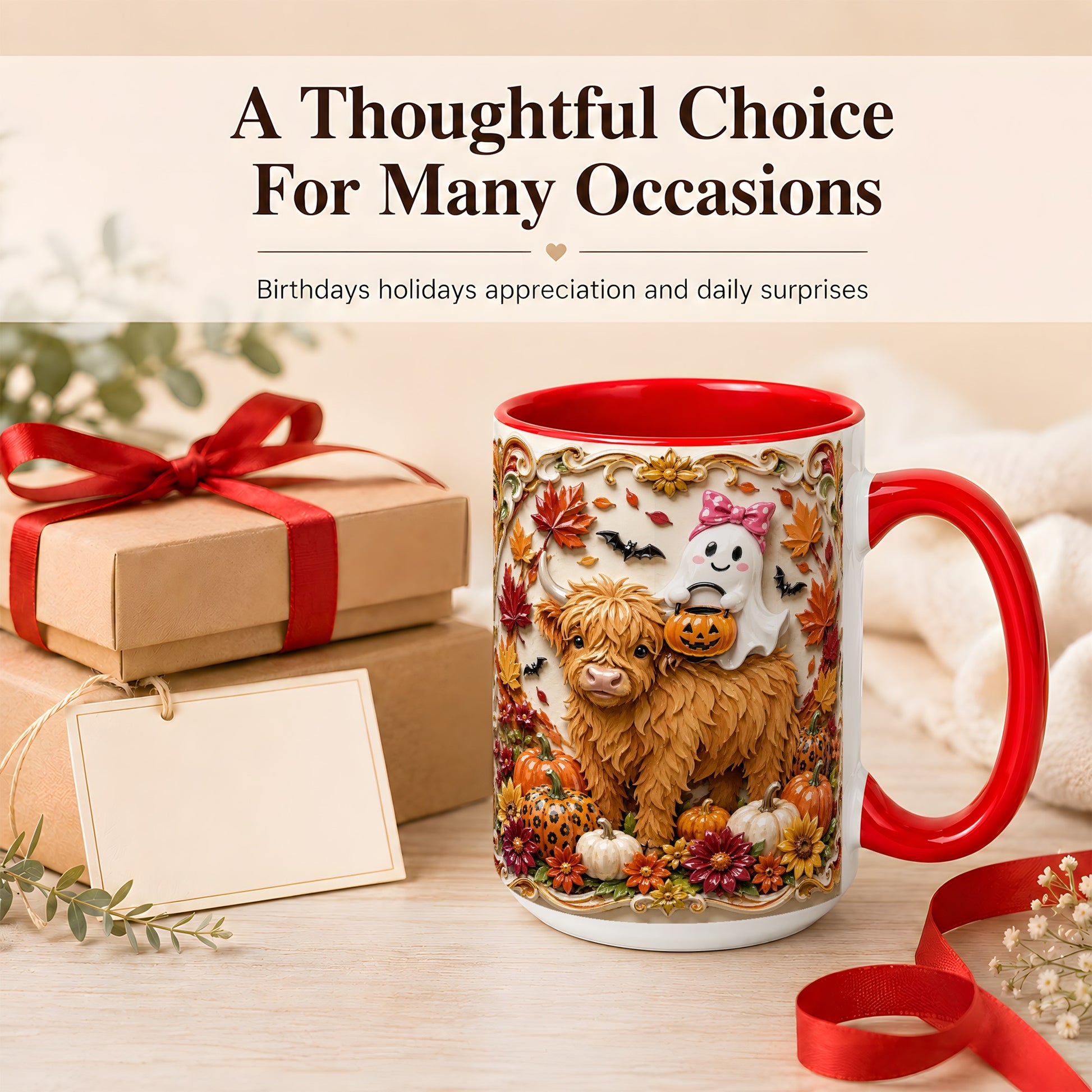 #pl[15oz|Red] Highland Cow Ghost Coffee Mug, Autumn Pumpkin Mug, Ceramic Cup