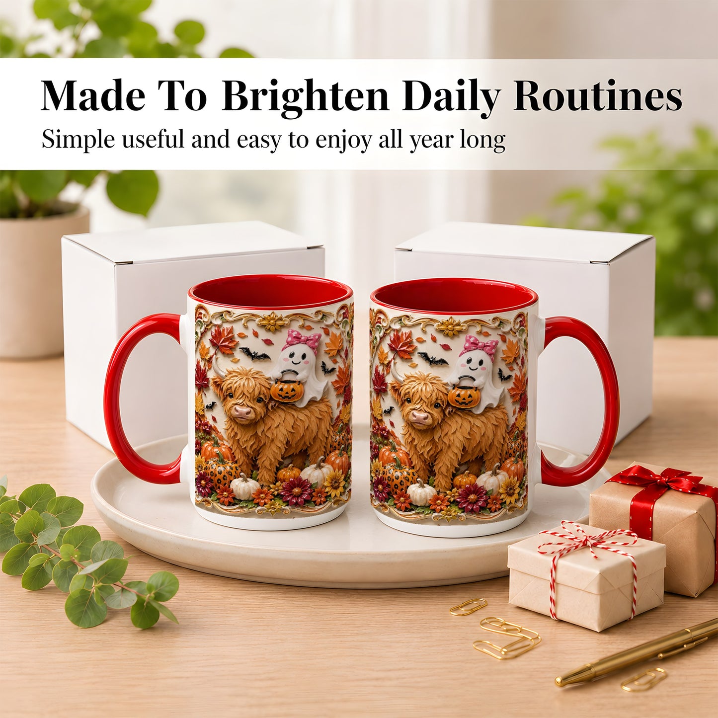 #pl[15oz|Red] Highland Cow Ghost Coffee Mug, Autumn Pumpkin Mug, Ceramic Cup
