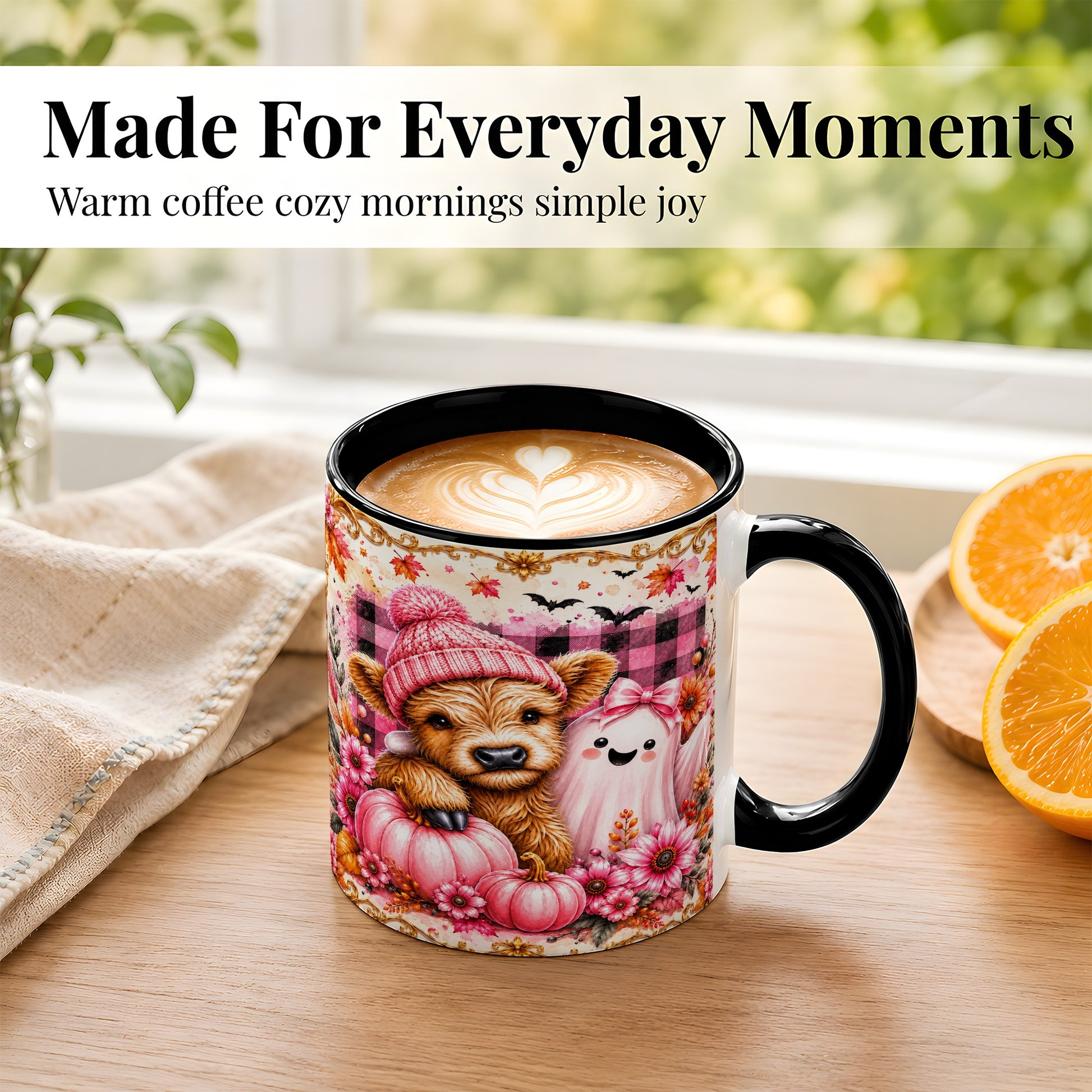 #pl[11oz|Black] Highland Cow Coffee Mug, Pink Fall Ghost Mug, Ceramic Cup