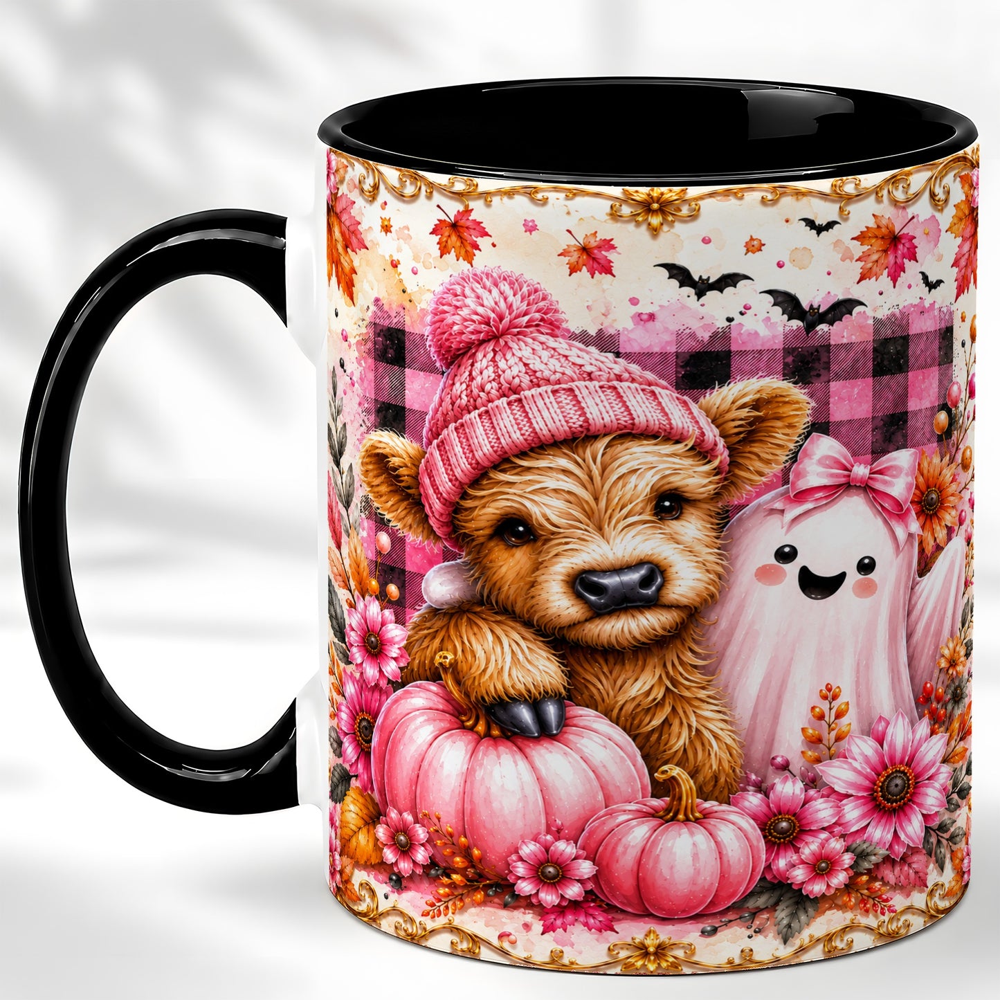 #pl[11oz|Black] Highland Cow Coffee Mug, Pink Fall Ghost Mug, Ceramic Cup