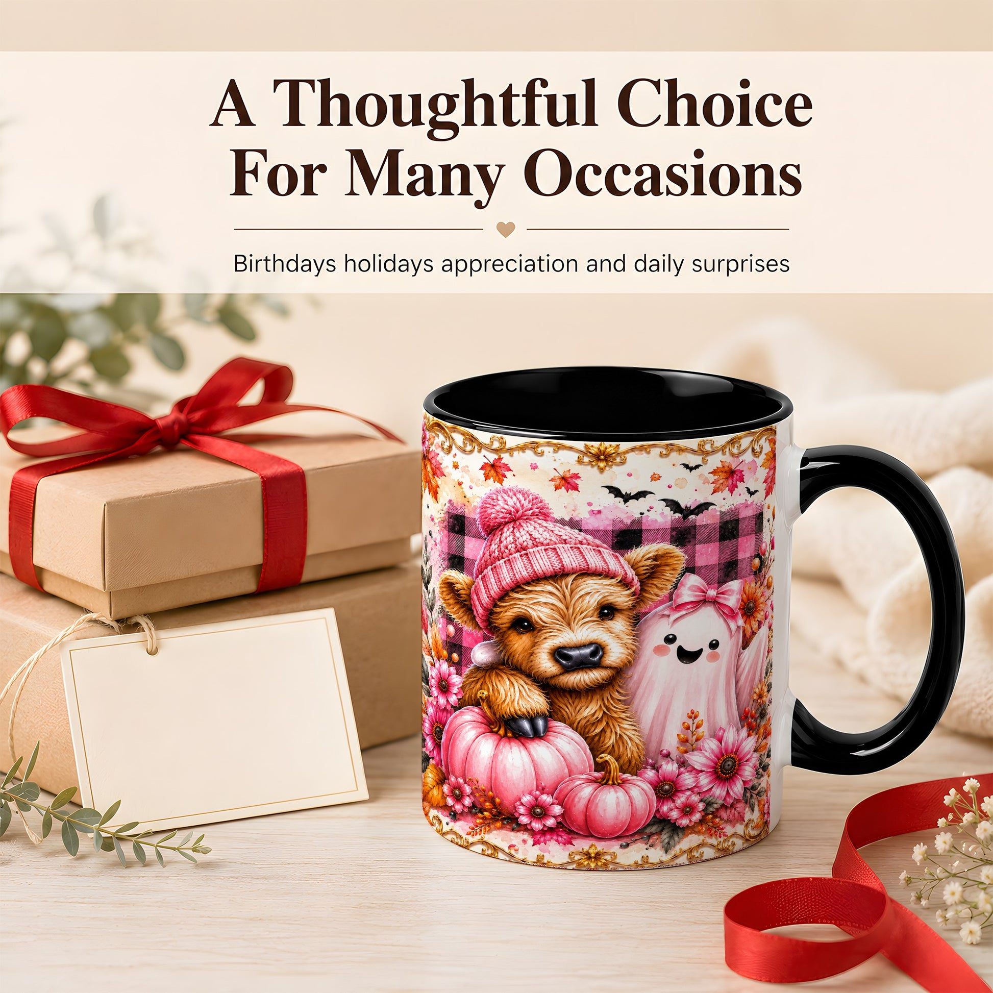 #pl[11oz|Black] Highland Cow Coffee Mug, Pink Fall Ghost Mug, Ceramic Cup