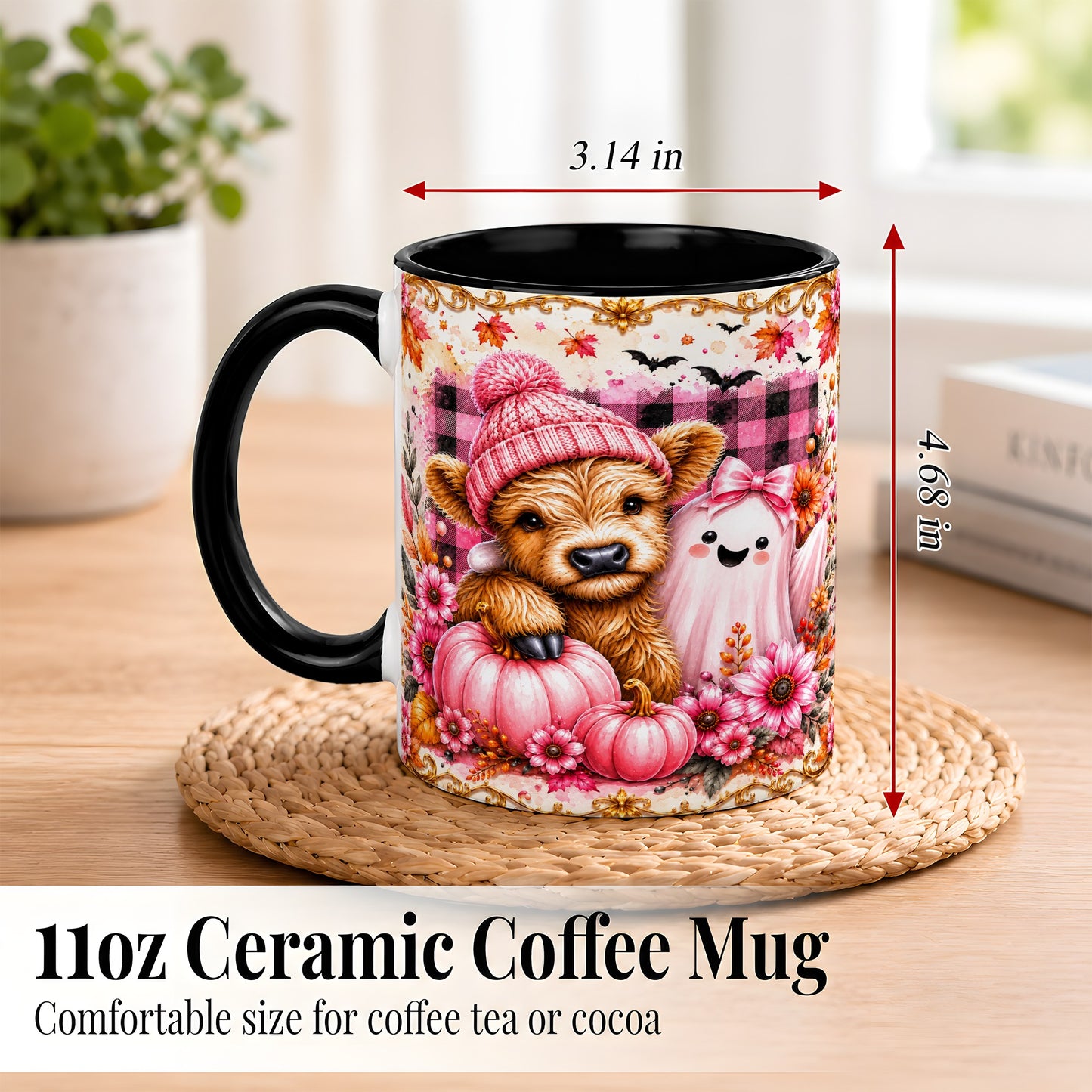 #pl[11oz|Black] Highland Cow Coffee Mug, Pink Fall Ghost Mug, Ceramic Cup