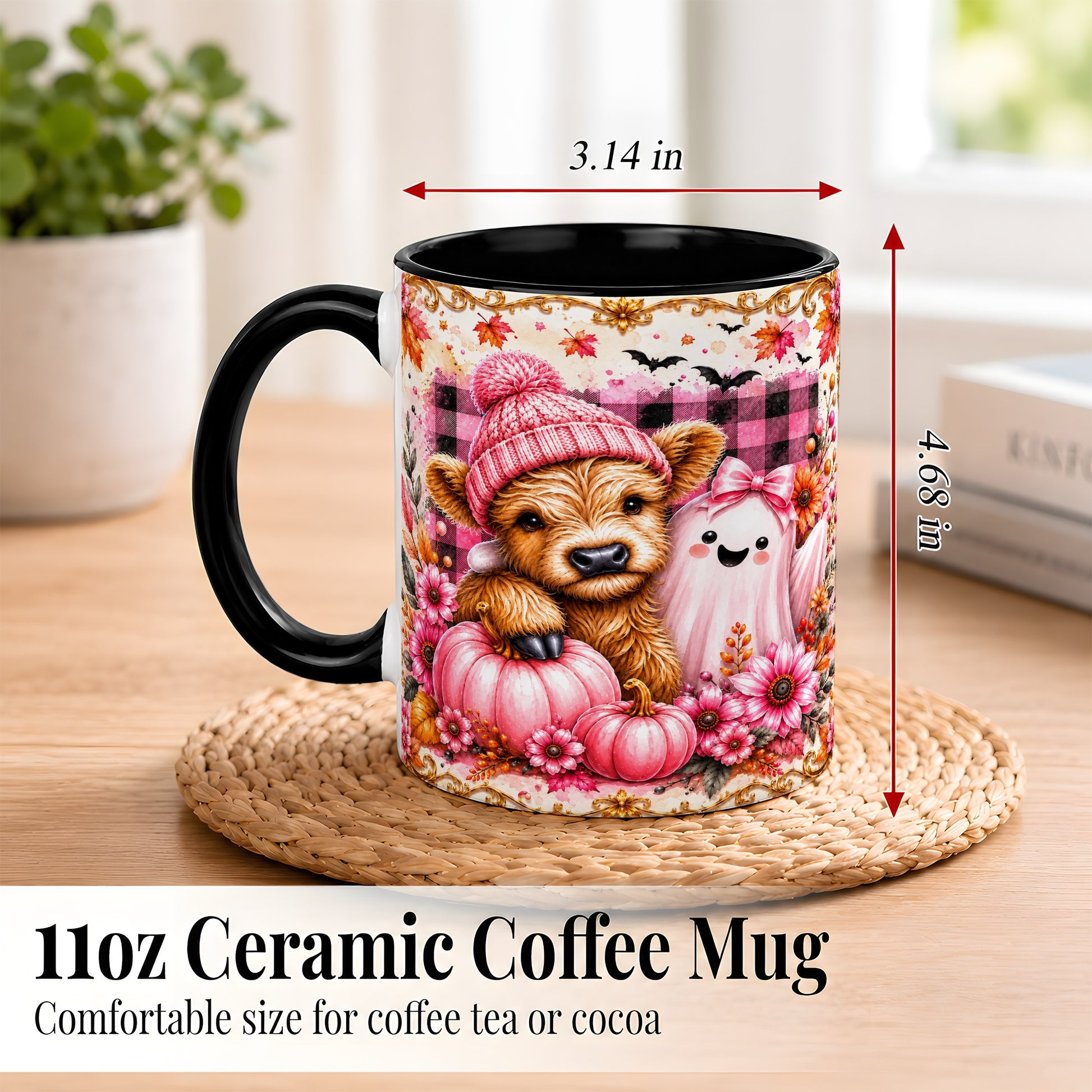 #pl[11oz|Black] Highland Cow Coffee Mug, Pink Fall Ghost Mug, Ceramic Cup