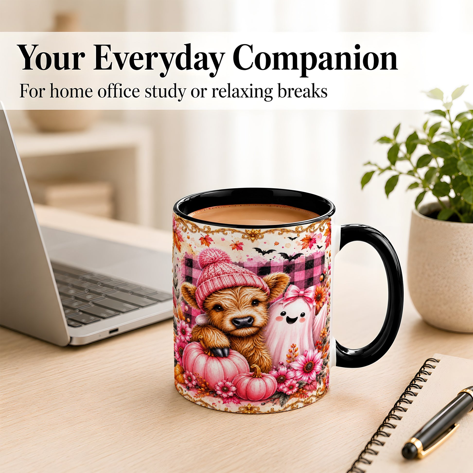 #pl[11oz|Black] Highland Cow Coffee Mug, Pink Fall Ghost Mug, Ceramic Cup