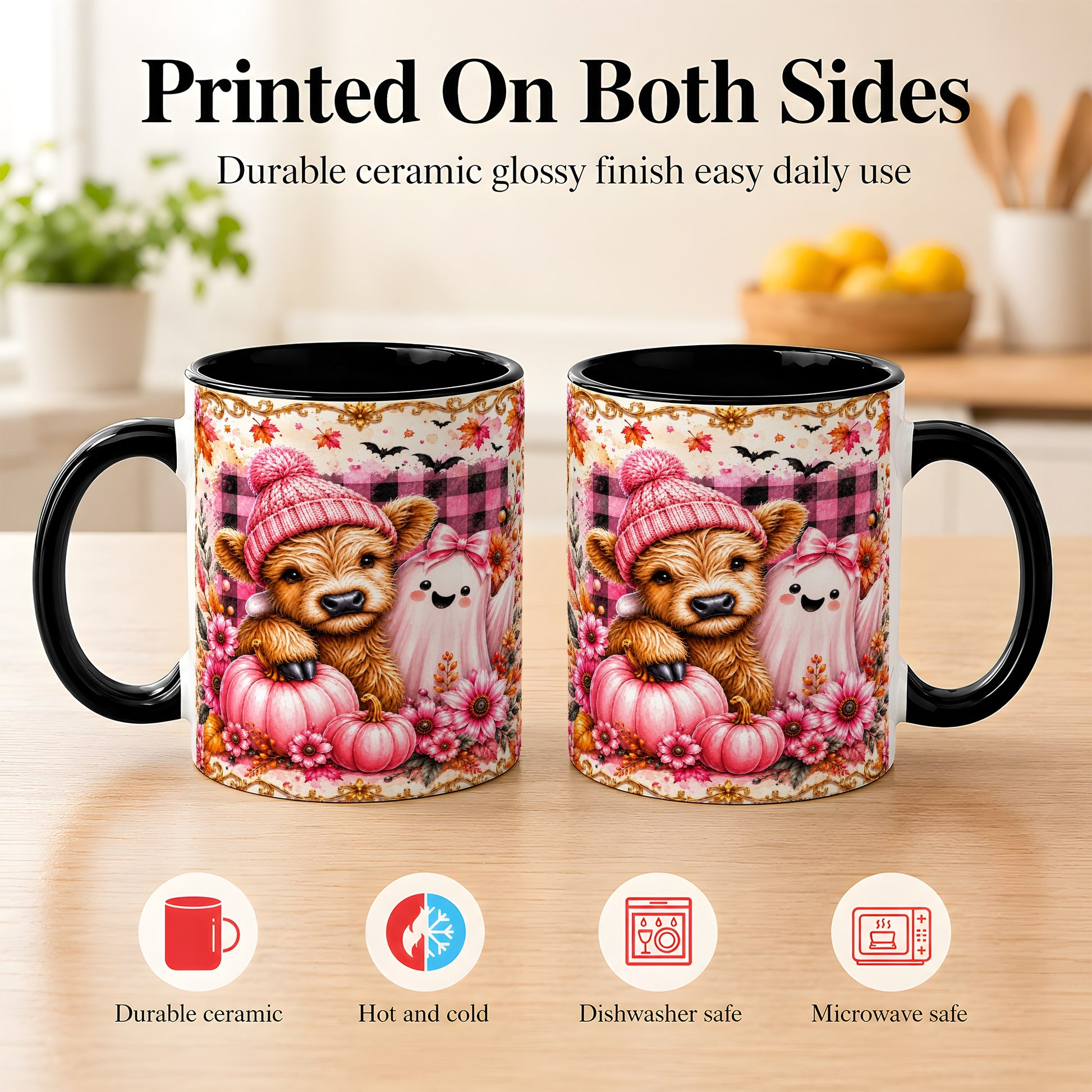 #pl[11oz|Black] Highland Cow Coffee Mug, Pink Fall Ghost Mug, Ceramic Cup
