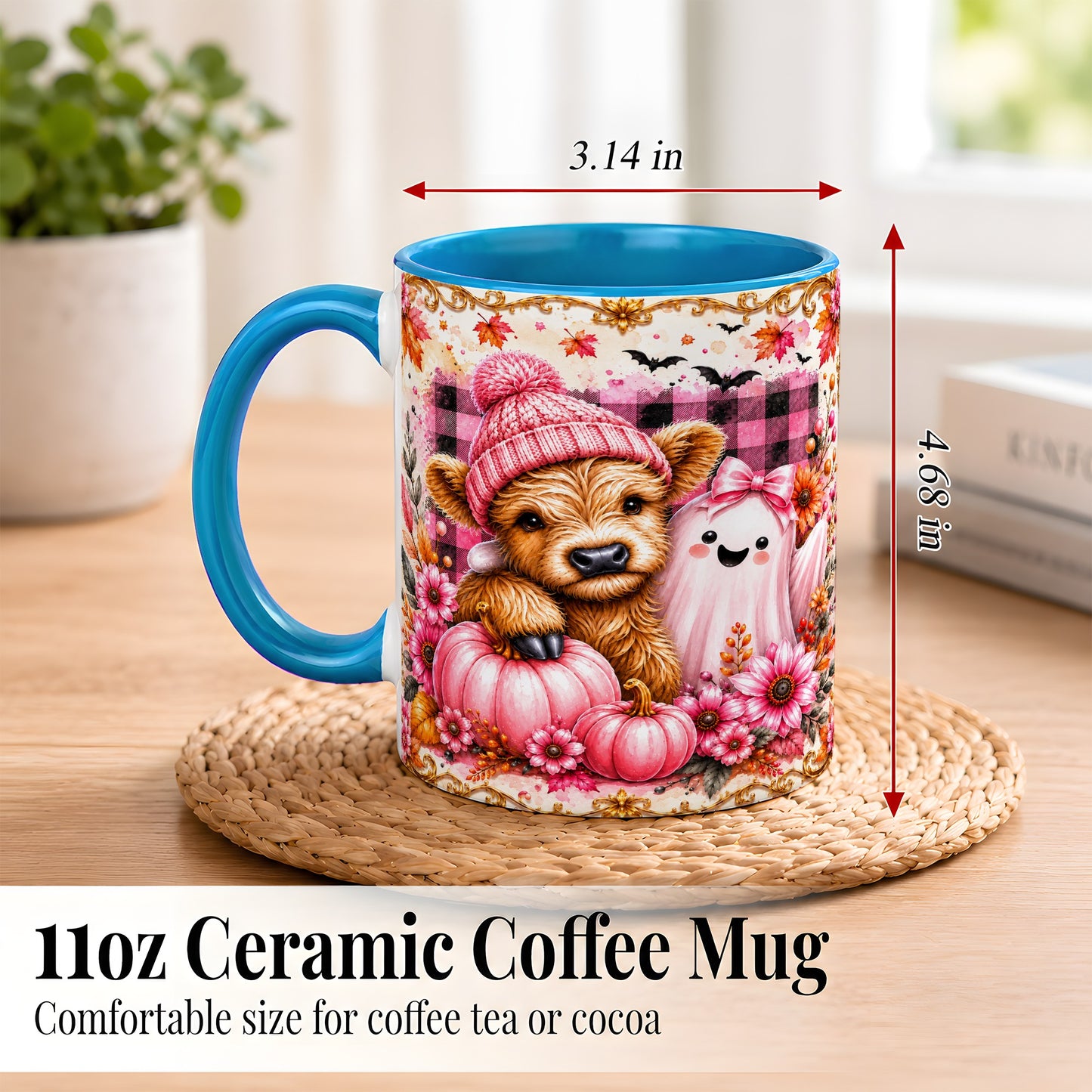 #pl[11oz|Blue] Highland Cow Coffee Mug, Pink Fall Ghost Mug, Ceramic Cup