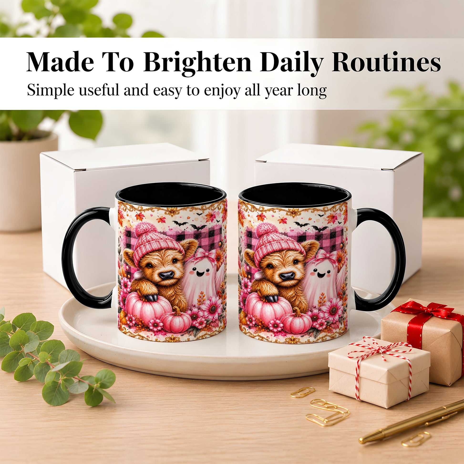 #pl[11oz|Black] Highland Cow Coffee Mug, Pink Fall Ghost Mug, Ceramic Cup