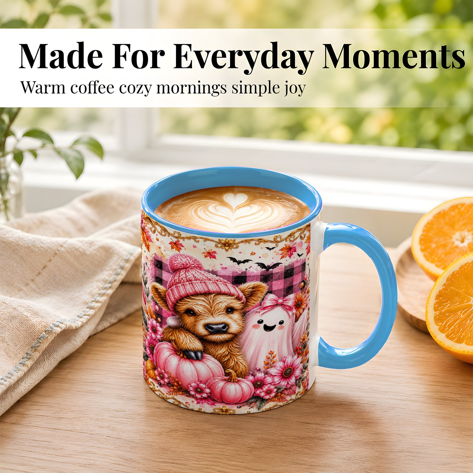 #pl[11oz|Blue] Highland Cow Coffee Mug, Pink Fall Ghost Mug, Ceramic Cup