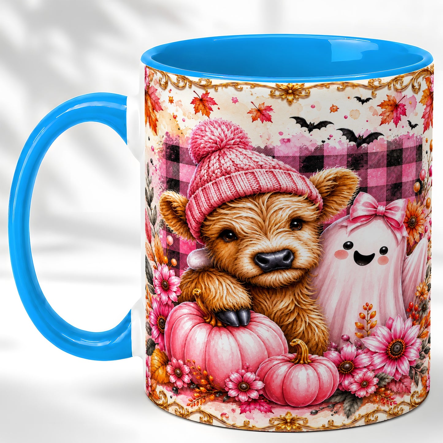 #pl[11oz|Blue] Highland Cow Coffee Mug, Pink Fall Ghost Mug, Ceramic Cup
