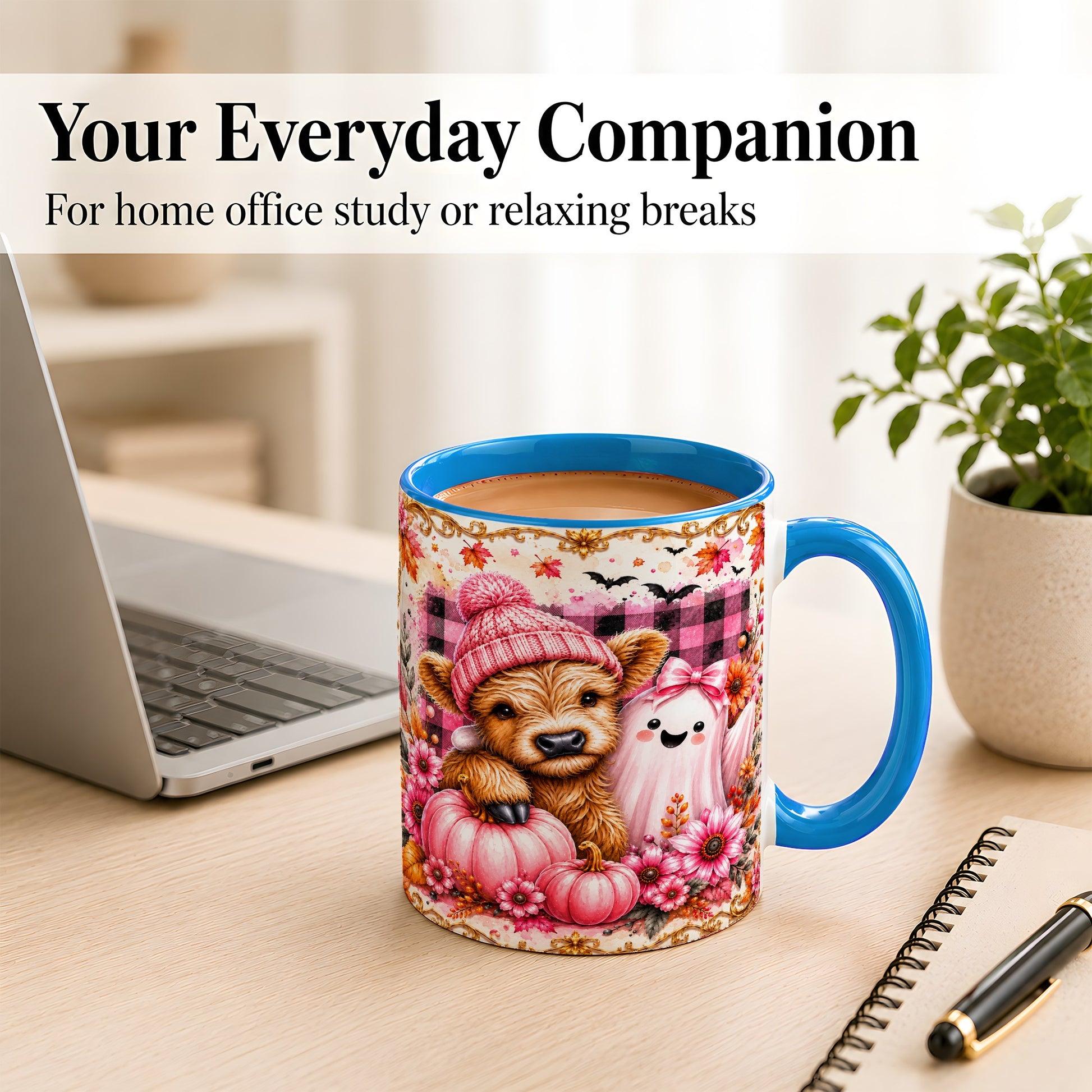 #pl[11oz|Blue] Highland Cow Coffee Mug, Pink Fall Ghost Mug, Ceramic Cup