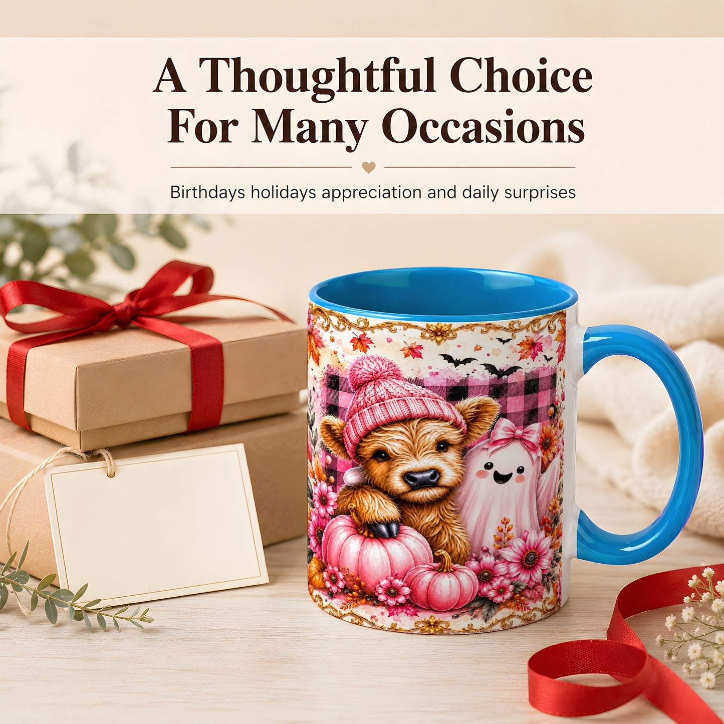 #pl[11oz|Blue] Highland Cow Coffee Mug, Pink Fall Ghost Mug, Ceramic Cup