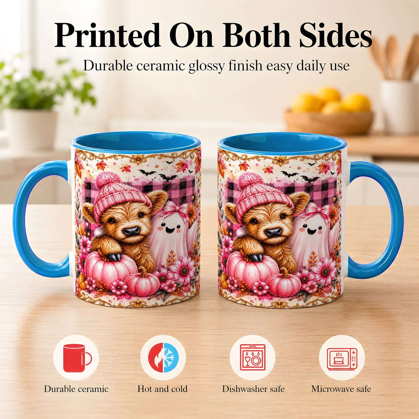 #pl[11oz|Blue] Highland Cow Coffee Mug, Pink Fall Ghost Mug, Ceramic Cup